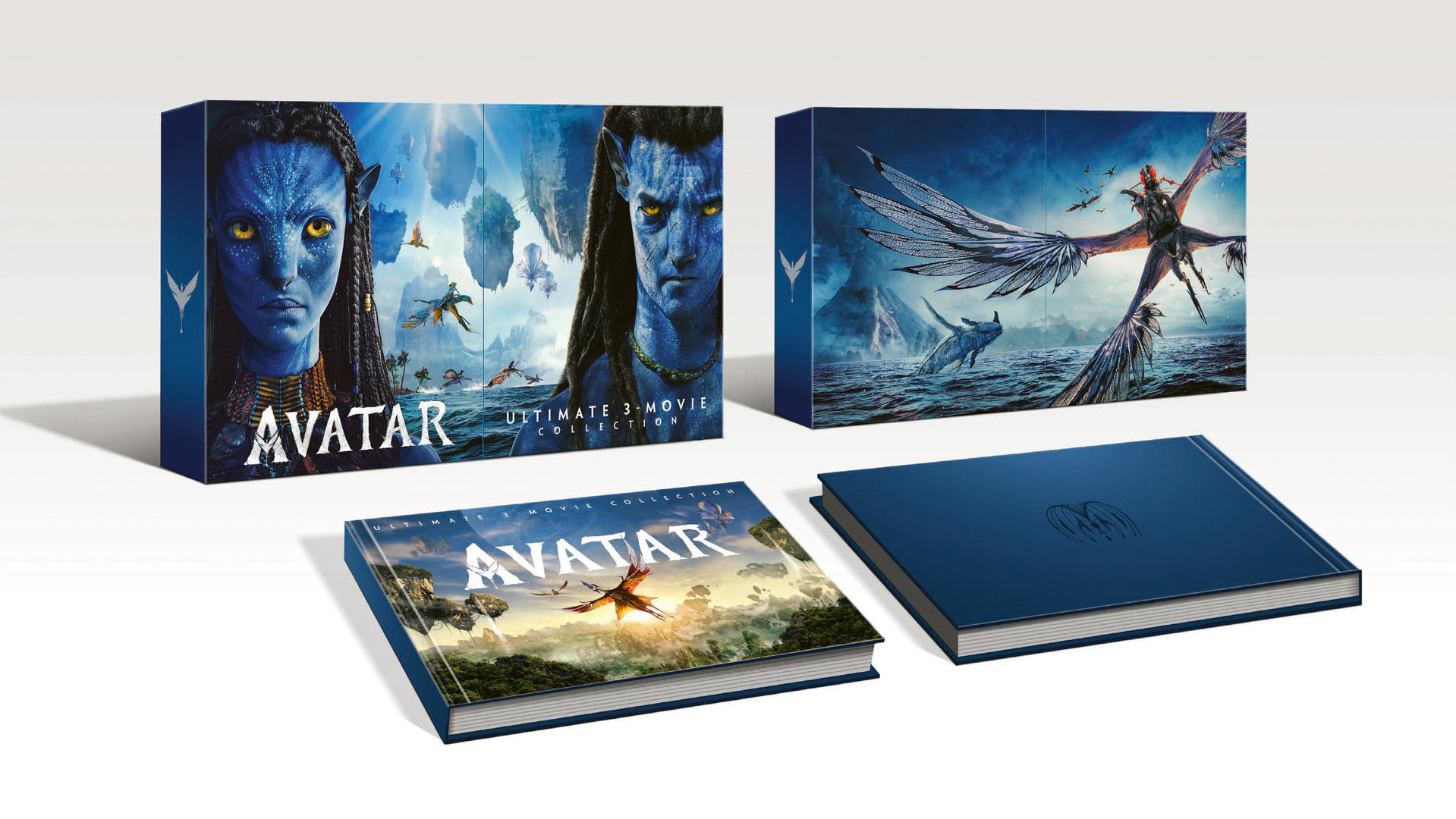 Avatar Ultimative 3-Film-Kollektion Box-Set mit Kunstbuch, blauen Figuren und Szenen auf Pandora.