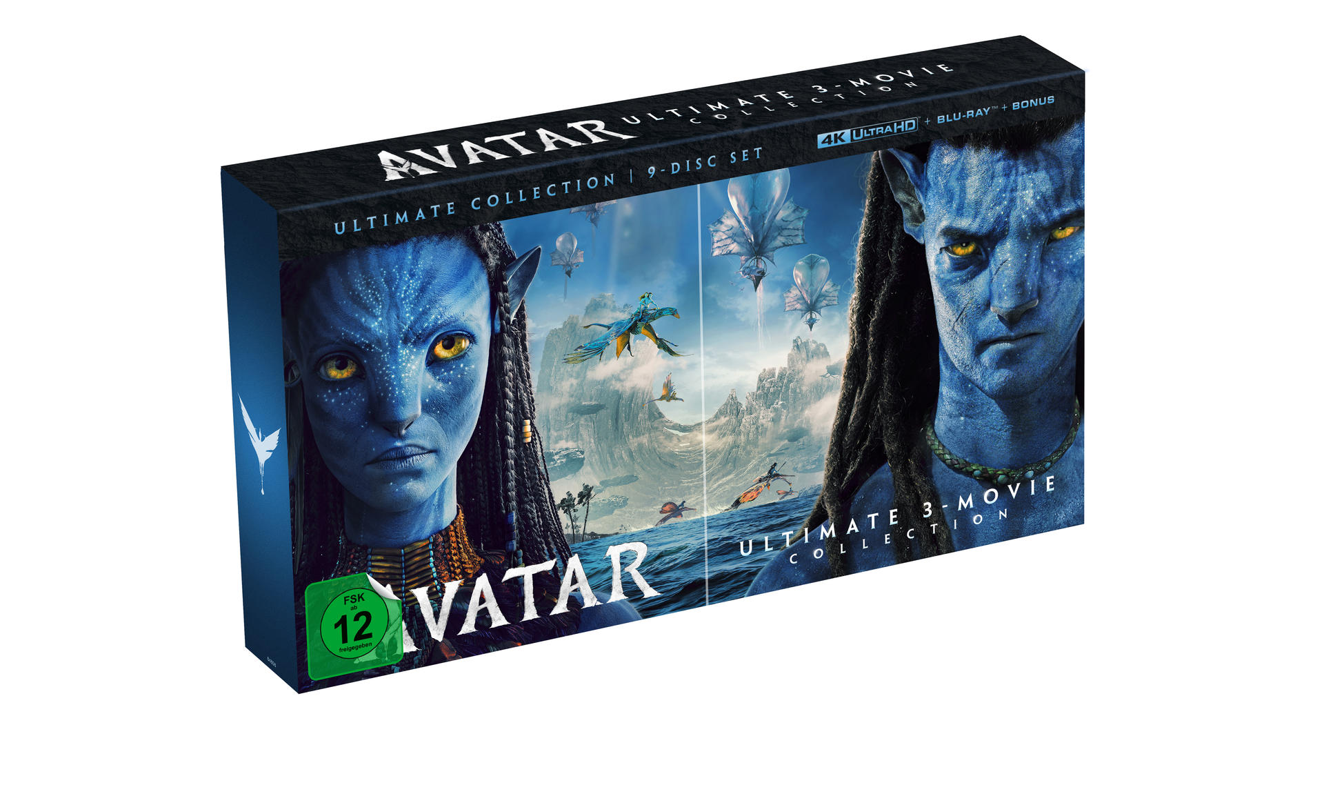 Avatar Ultimate 3-Movie Collection auf Blu-ray in einer blauen Box mit Na'vi-Charakteren.