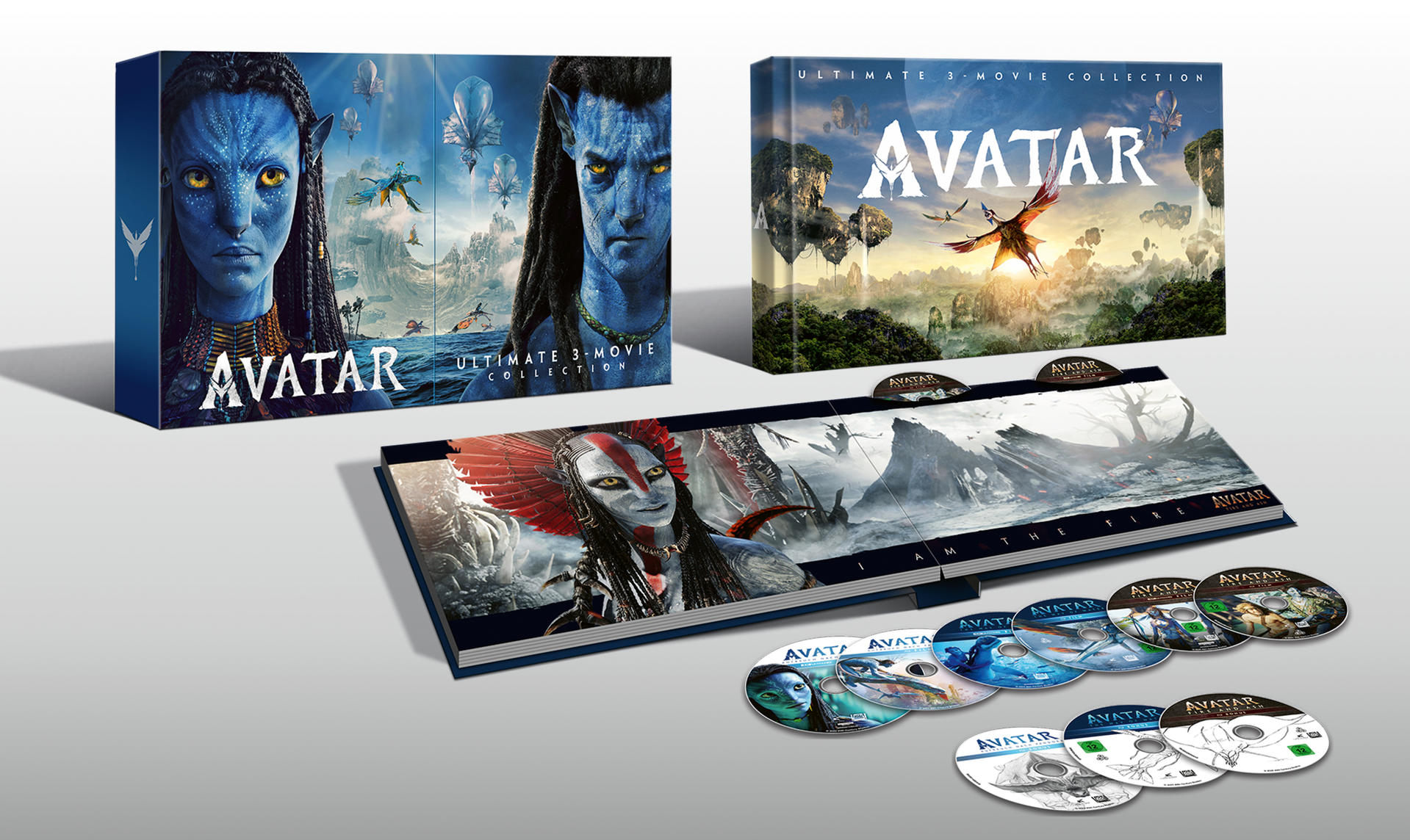 Avatar Ultimate 3-Movie-Collection-Boxset mit Discs und aufgeschlagenem Artbook.