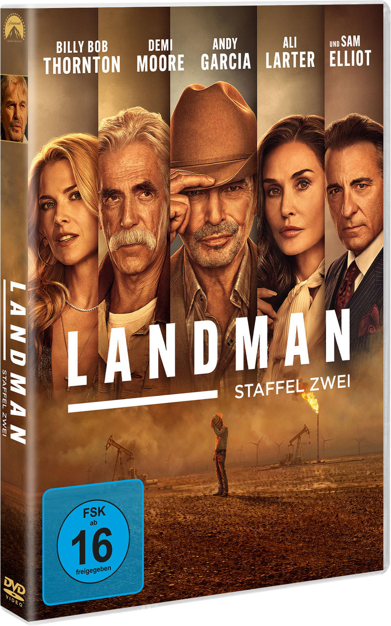 DVD-Cover der Serie Landman Staffel Zwei mit Porträts von fünf Hauptdarstellern und einer Ölfeld-Landschaft.