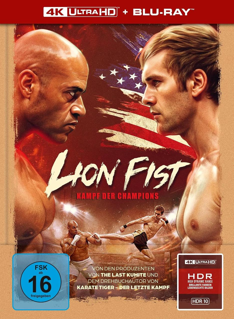 Filmposter zu Lion Fist mit zwei Kämpfern, die sich vor einer US-Flagge und einer Kampfszene gegenüberstehen.