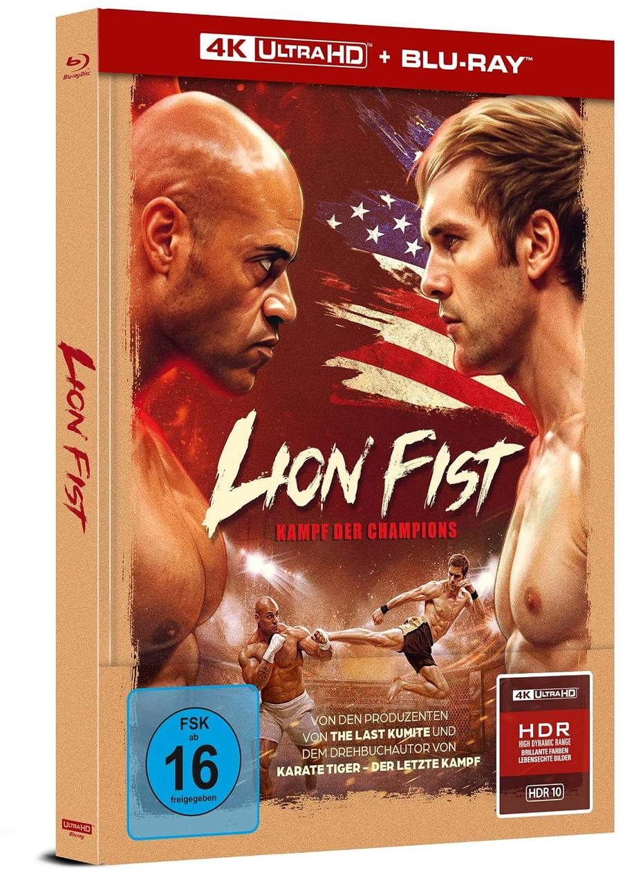 Lion Fist 4K Ultra HD und Blu-ray Cover mit zwei Kämpfern und US-Flagge im Hintergrund.