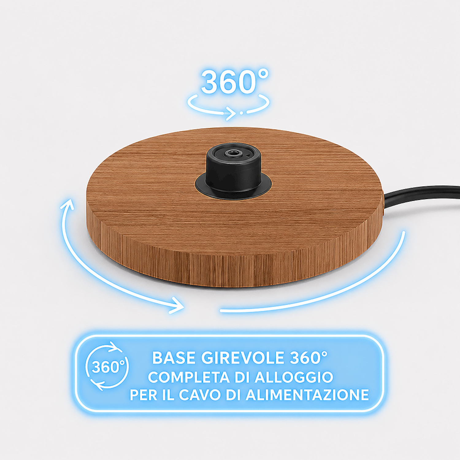 Base color legno con connettore nero e frecce di rotazione a 360 gradi.
