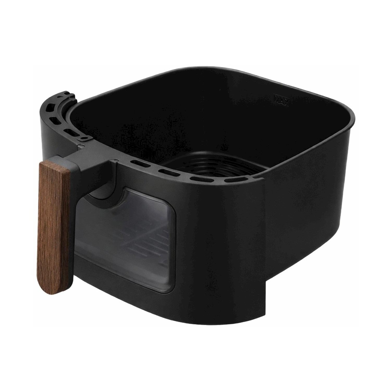 Cestello per friggitrice ad aria nero con manico effetto legno e finestrella.