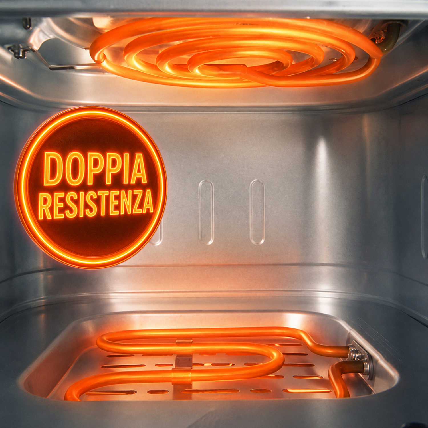 Interno di un forno con resistenze superiore e inferiore arancioni e un cartello luminoso rotondo a sinistra.