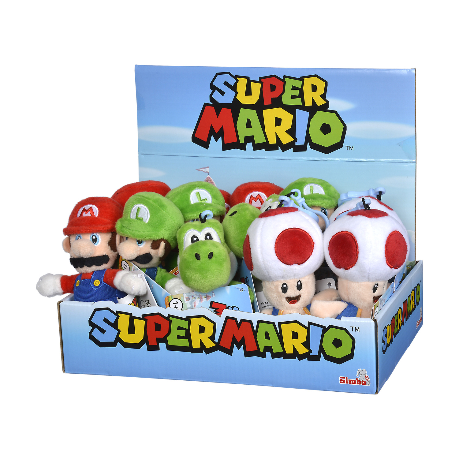 Scatola espositiva piena di peluche di Super Mario come Mario, Luigi, Yoshi e Toad.