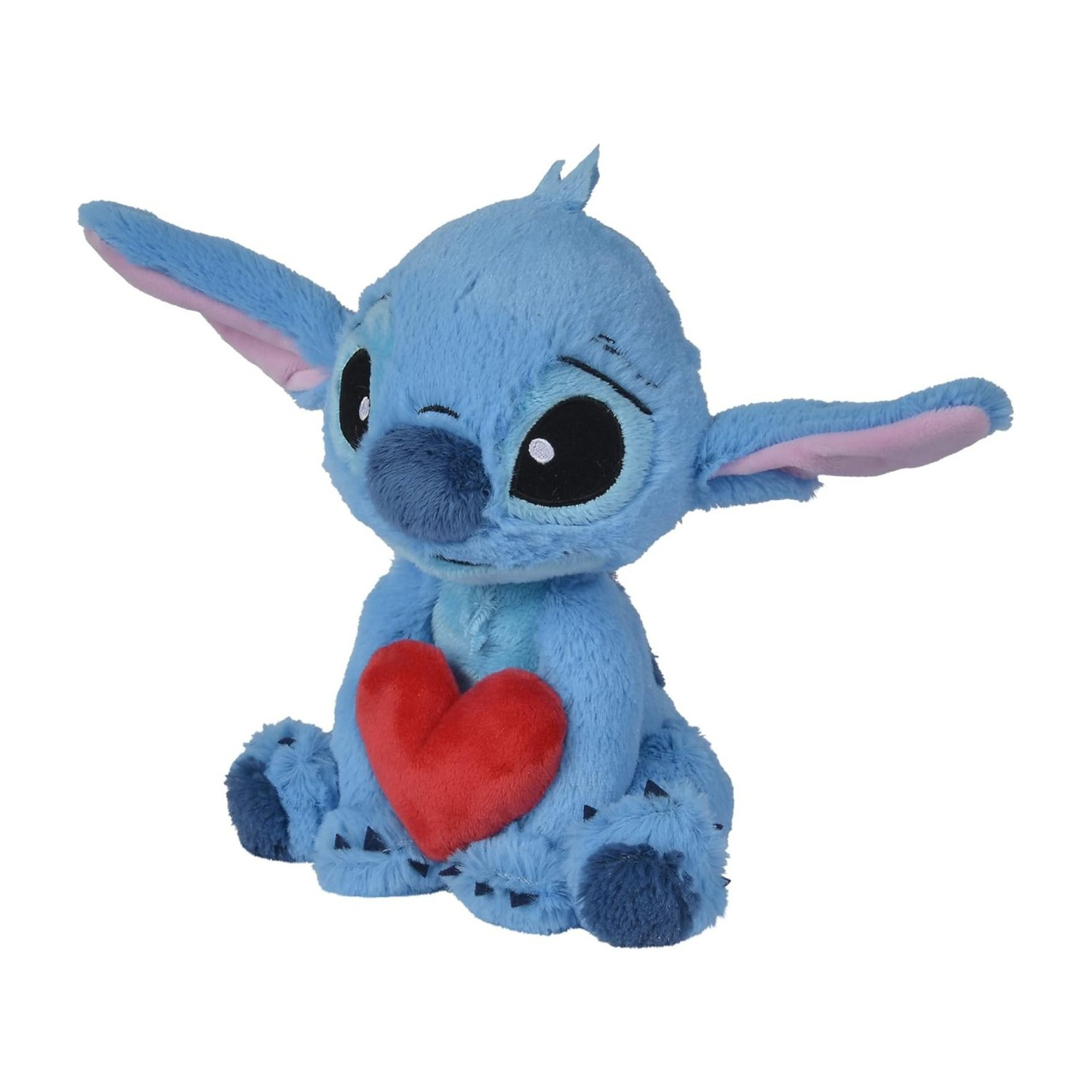 Peluche blu di Stitch che tiene un cuore rosso, isolato su sfondo bianco.