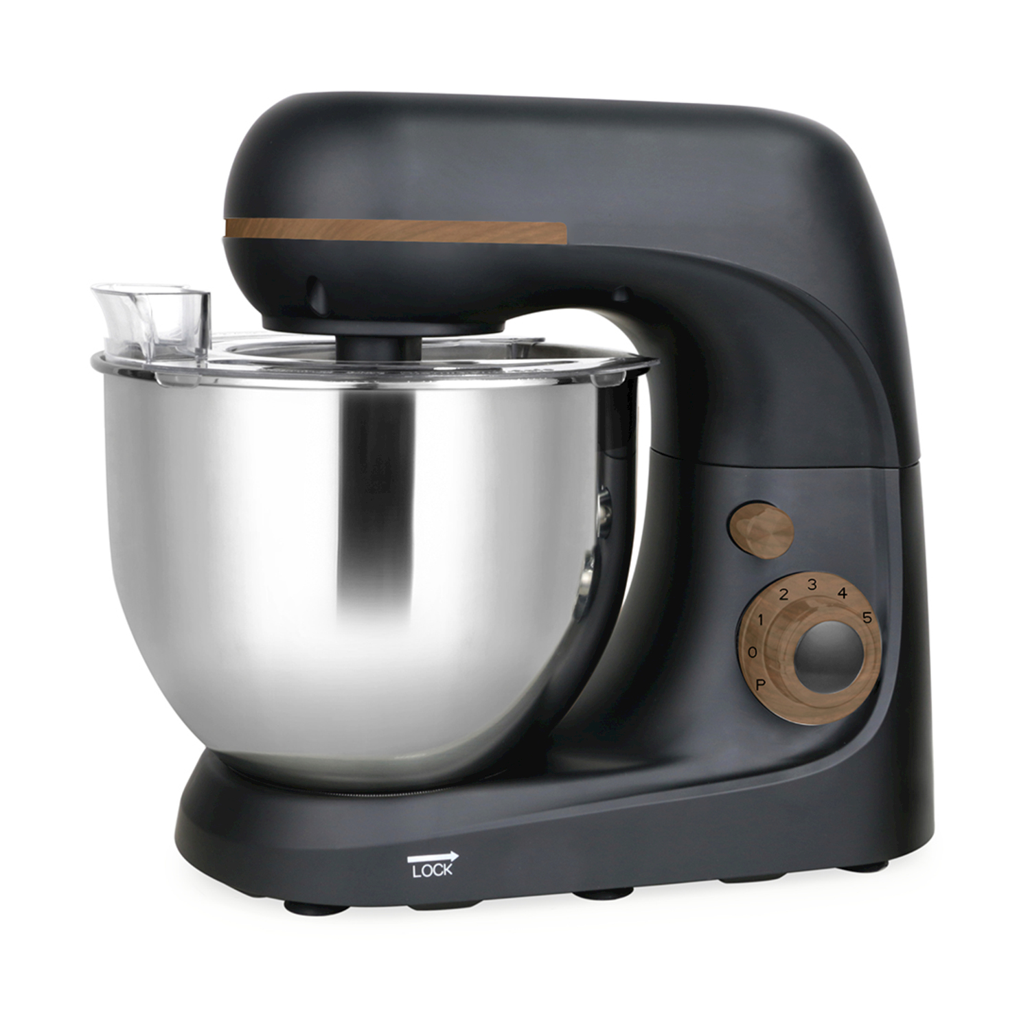 Un mixer a pedestal nero opaco con una ciotola in acciaio inox su sfondo bianco.