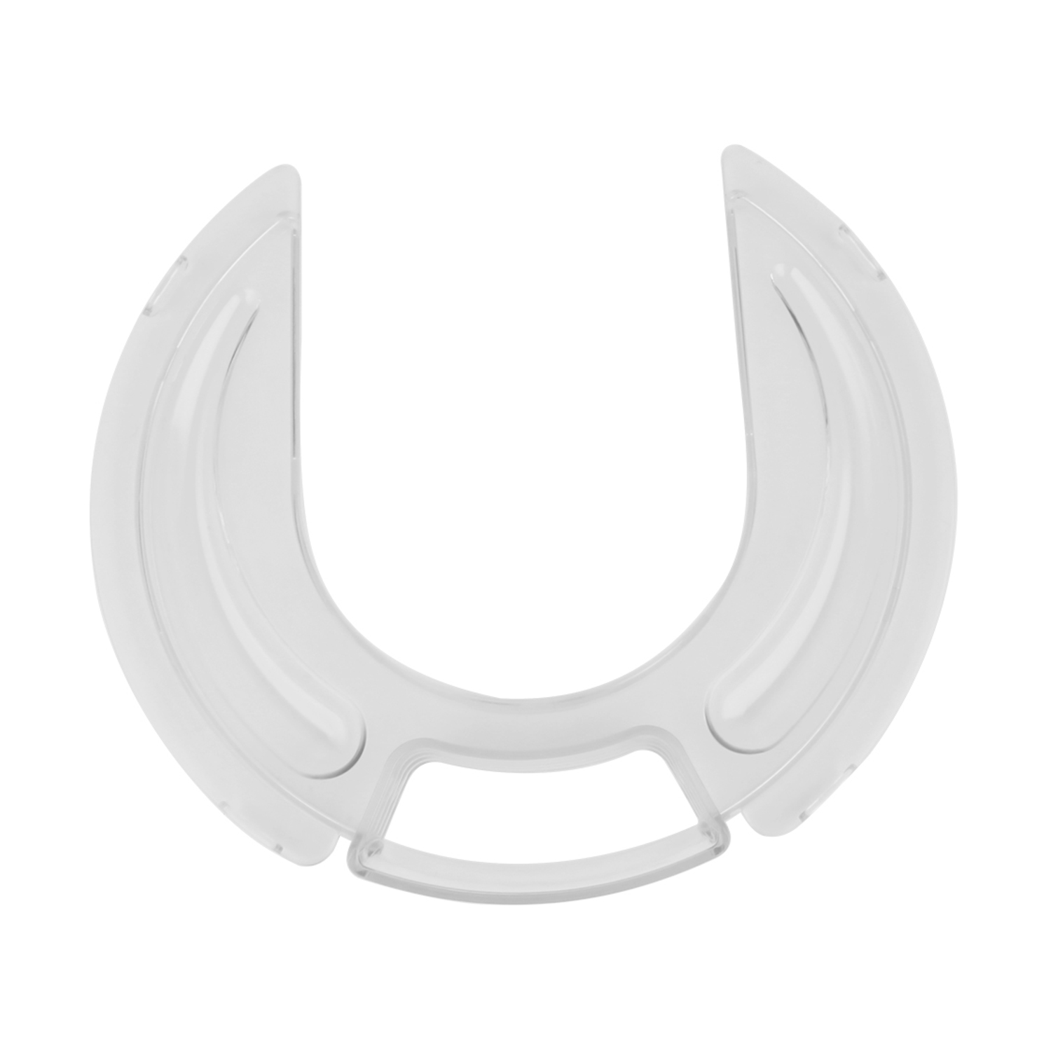 Un elemento di protezione dello zoccolo trasparente e a forma di U su sfondo bianco.