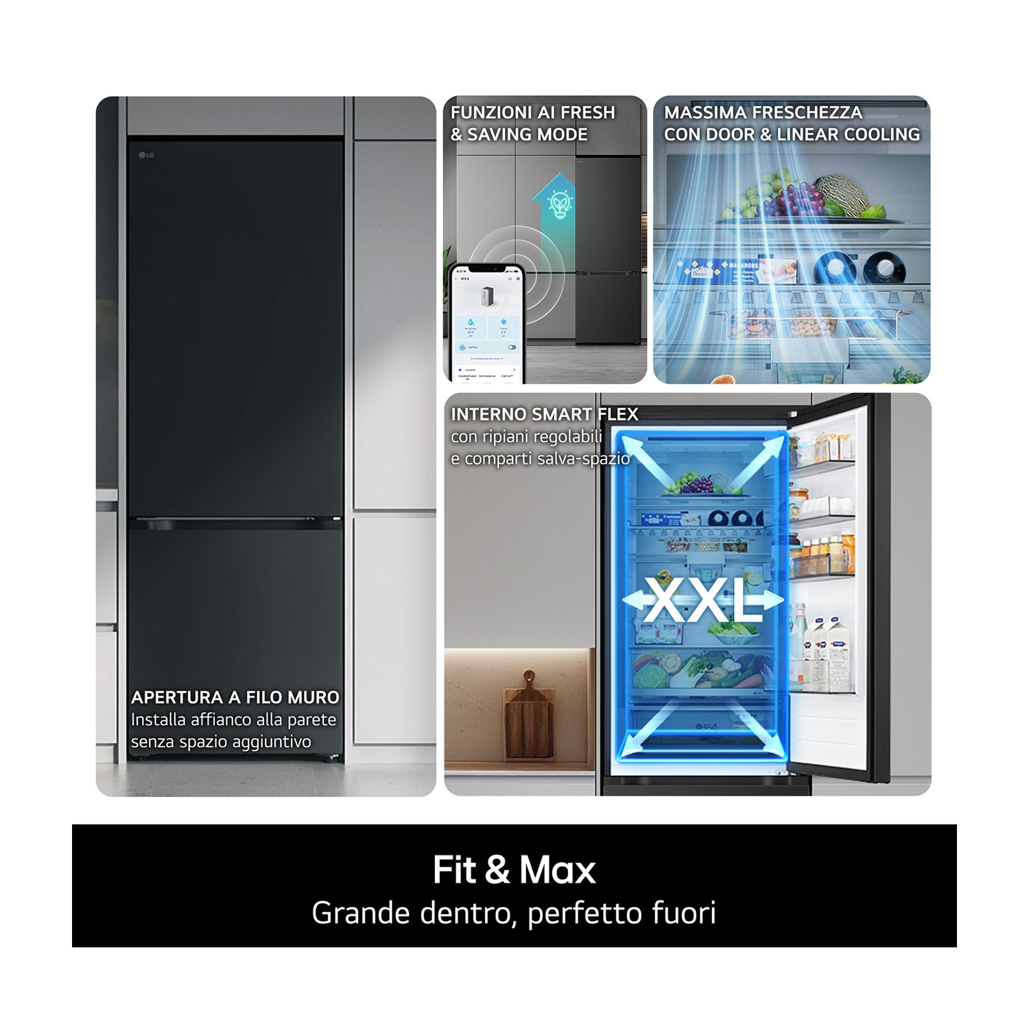 Moderno frigorifero combinato nero con funzioni smart e ampio interno.