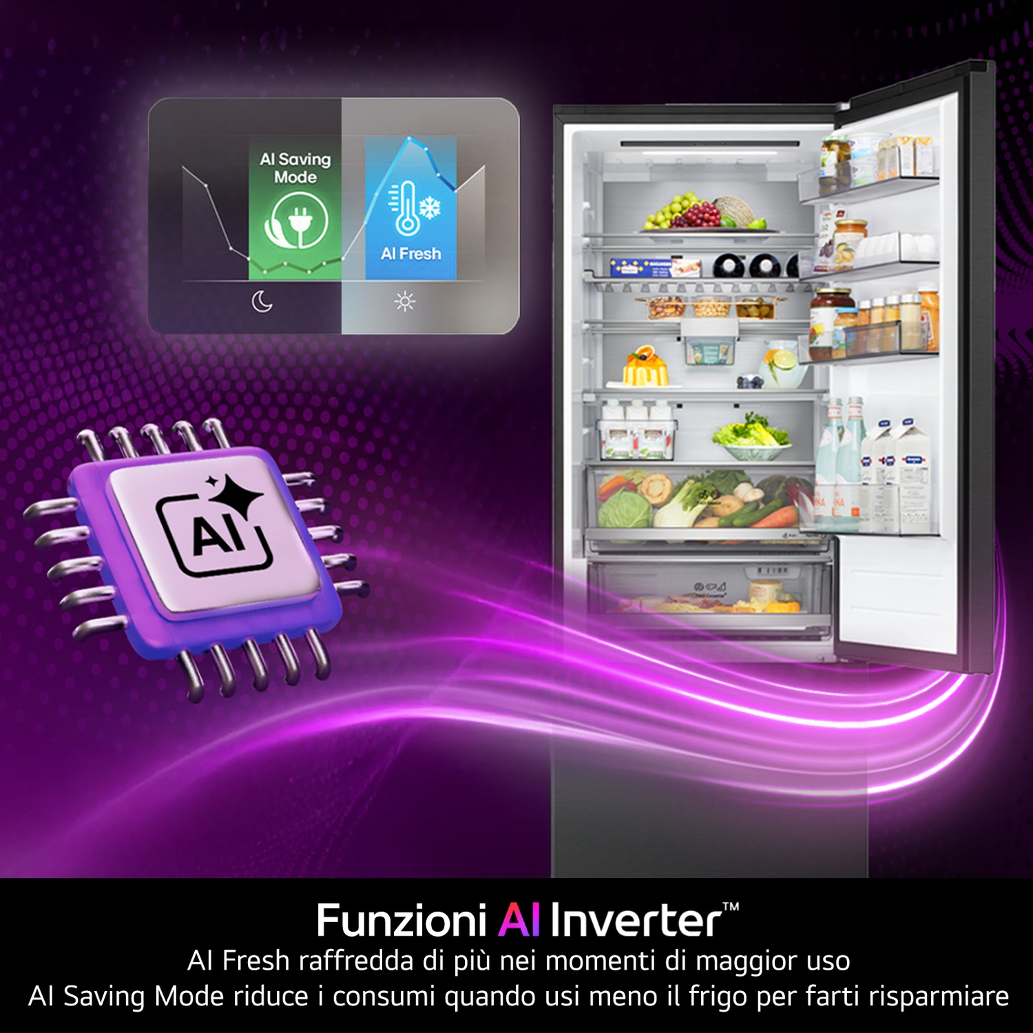 Frigorifero aperto con funzioni IA, display e chip per computer su sfondo viola.