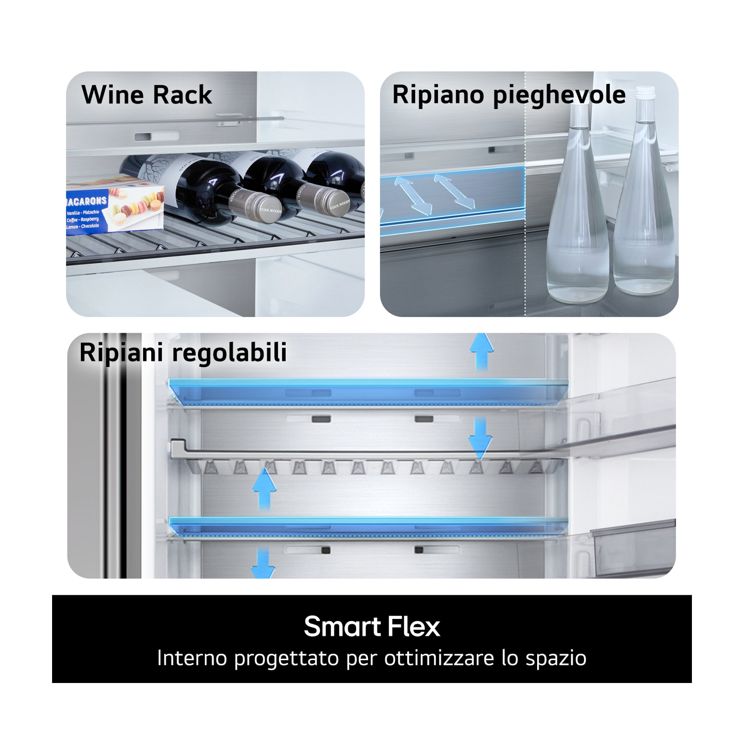 Interno frigorifero con portabottiglie, ripiano pieghevole e ripiani regolabili per lo spazio.