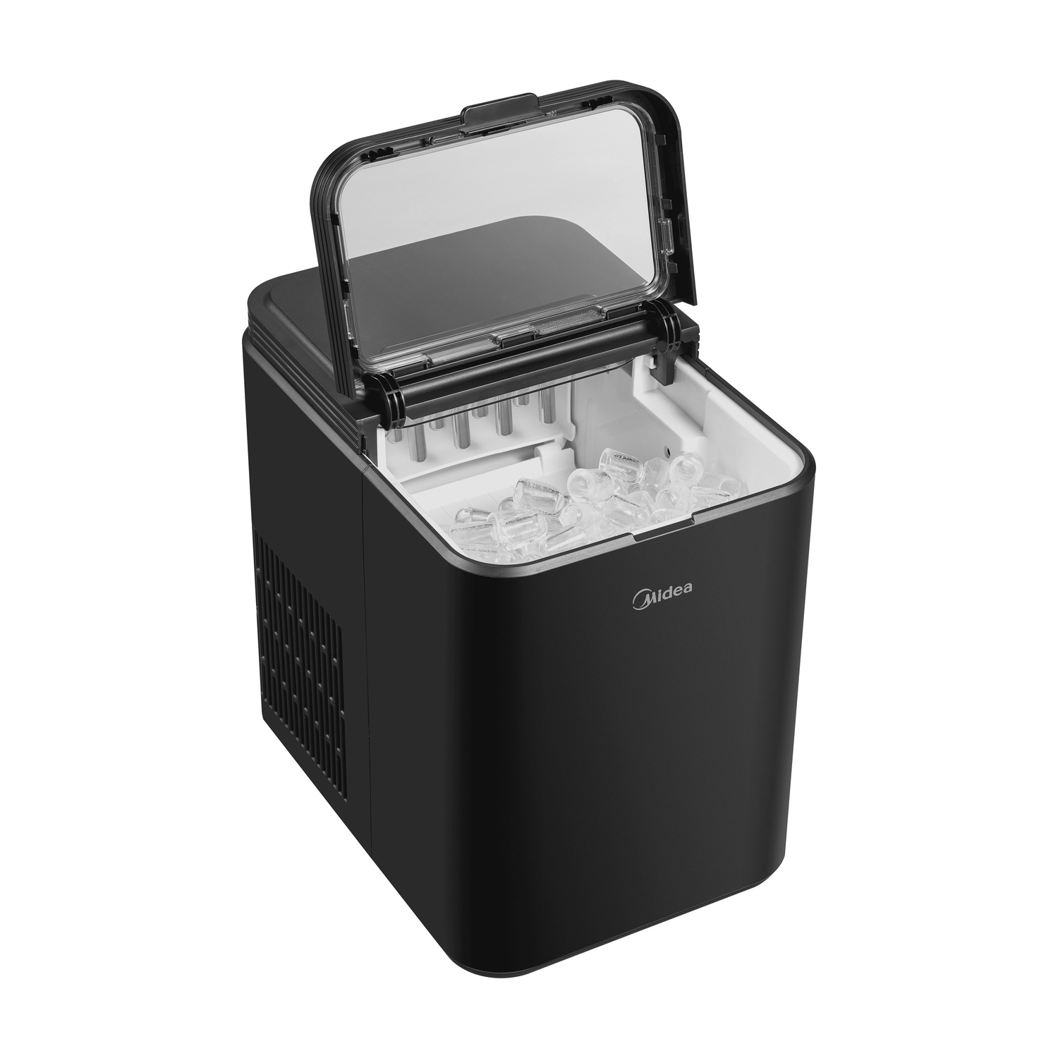 Fabbricatore di ghiaccio Midea nero con coperchio aperto, perni argentati e cestello pieno.