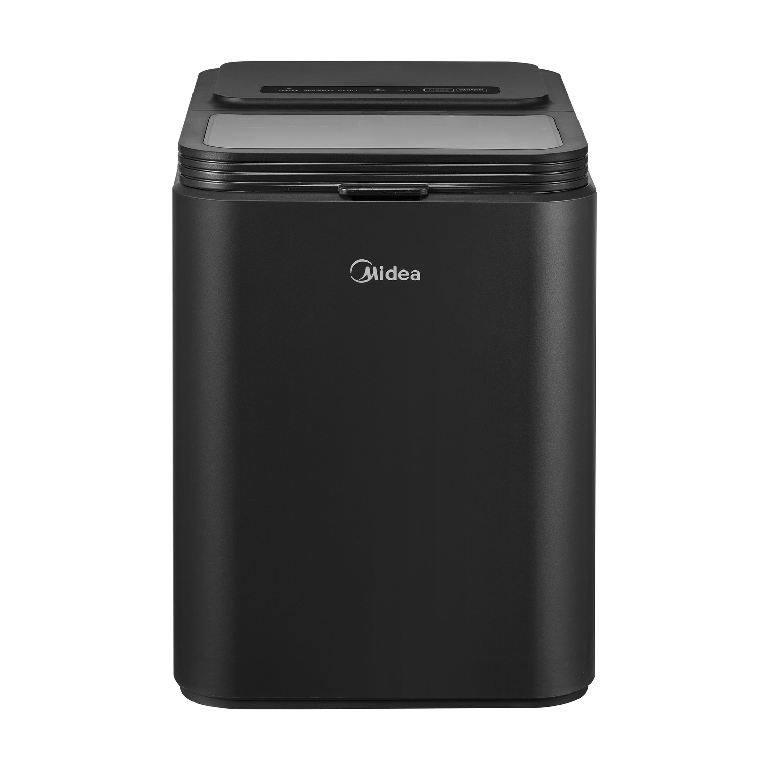Una macchina per il ghiaccio Midea nera su sfondo bianco.