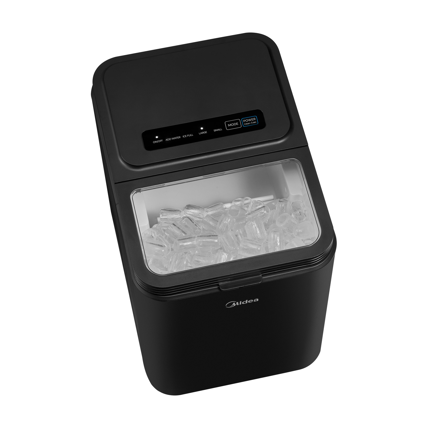 Macchina del ghiaccio nera Midea con pannello di controllo e coperchio trasparente piena di cubetti.