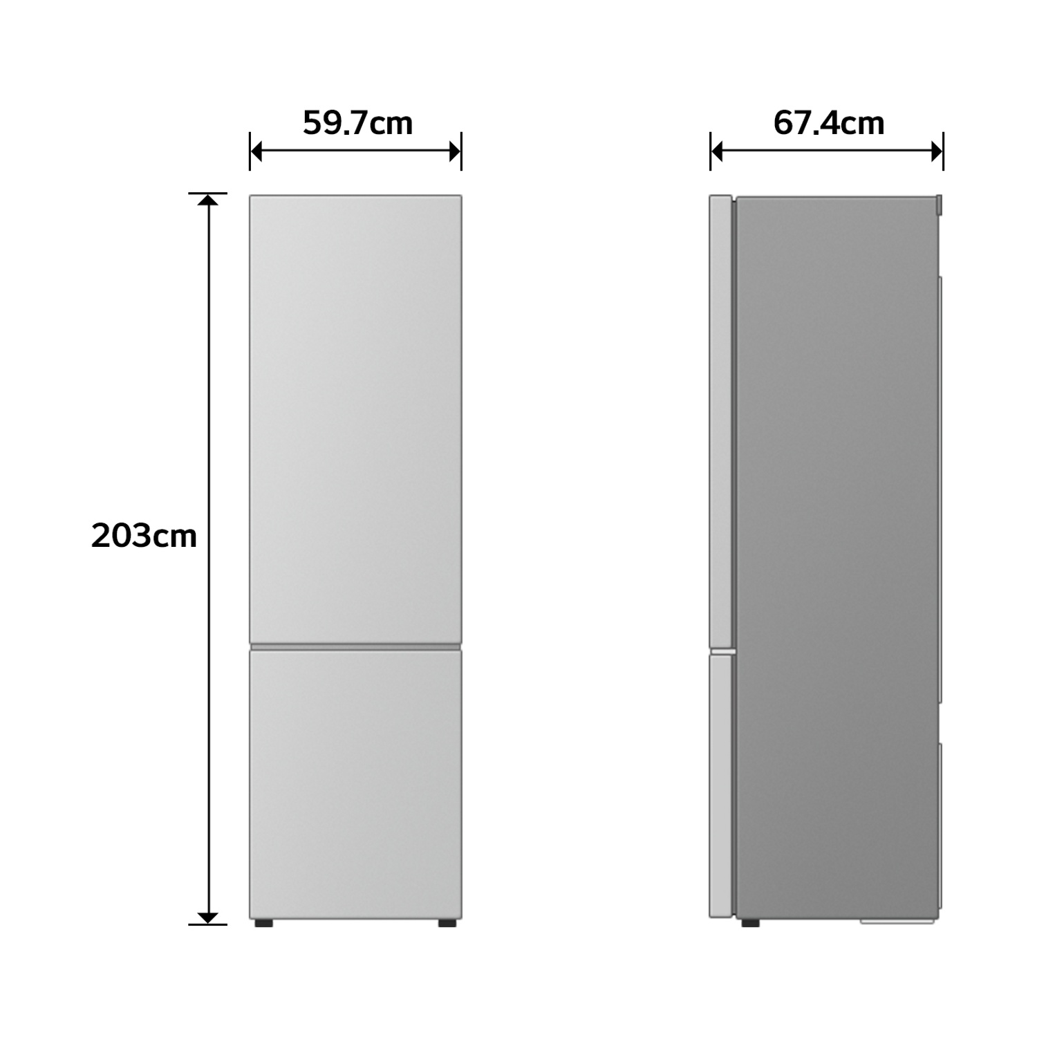 Diagramma che mostra le dimensioni di un frigorifero: altezza 203 cm, larghezza 59,7 cm e profondità 67,4 cm.