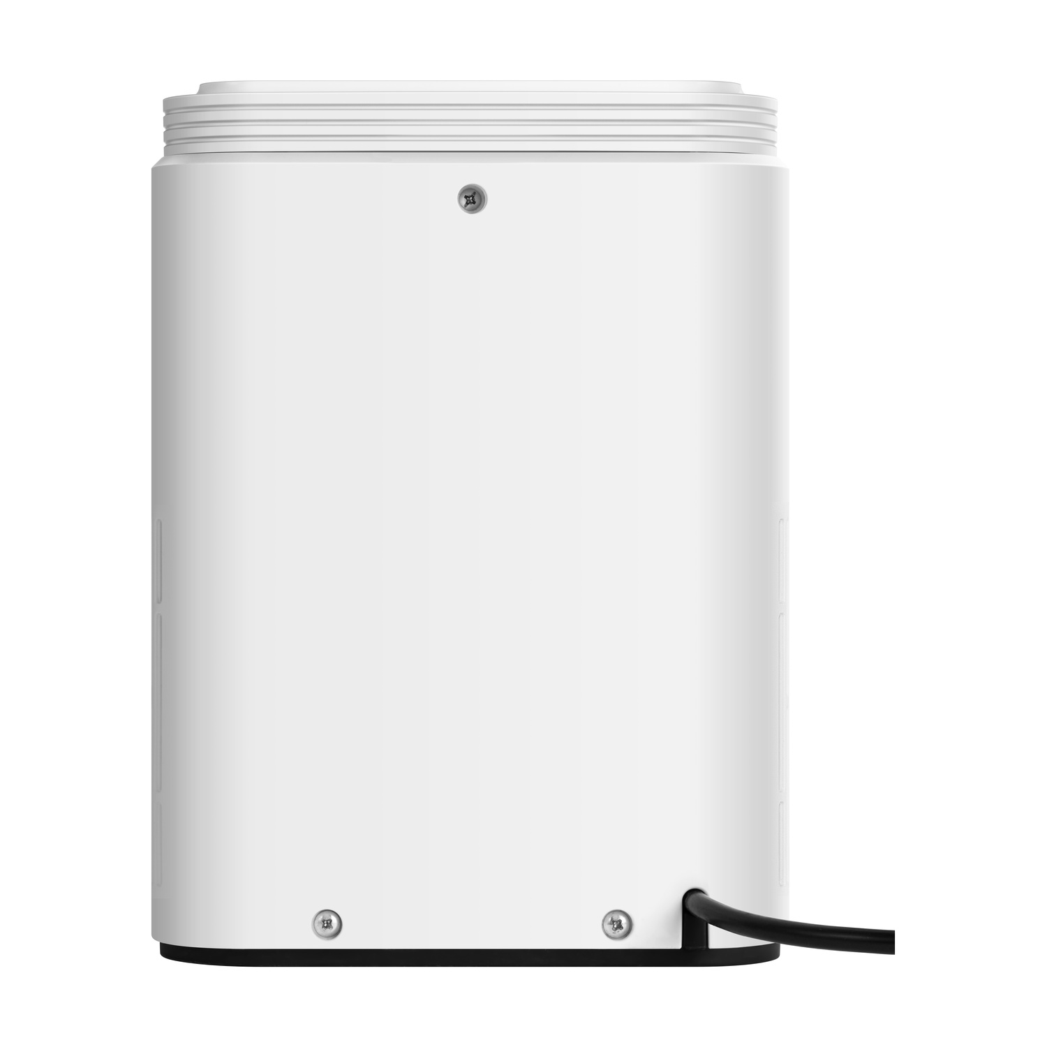 Un dispositivo elettronico rettangolare bianco con viti visibili e un cavo di alimentazione in basso a destra.