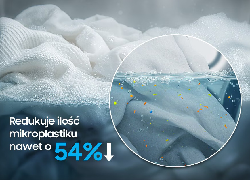 Pranie w wodzie z mydłem i lupa pokazująca kolorowe cząstki mikroplastiku.