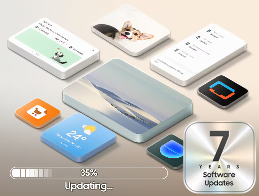 Różne kafelki aplikacji i pasek ładowania 35% z tekstem "Updating...".