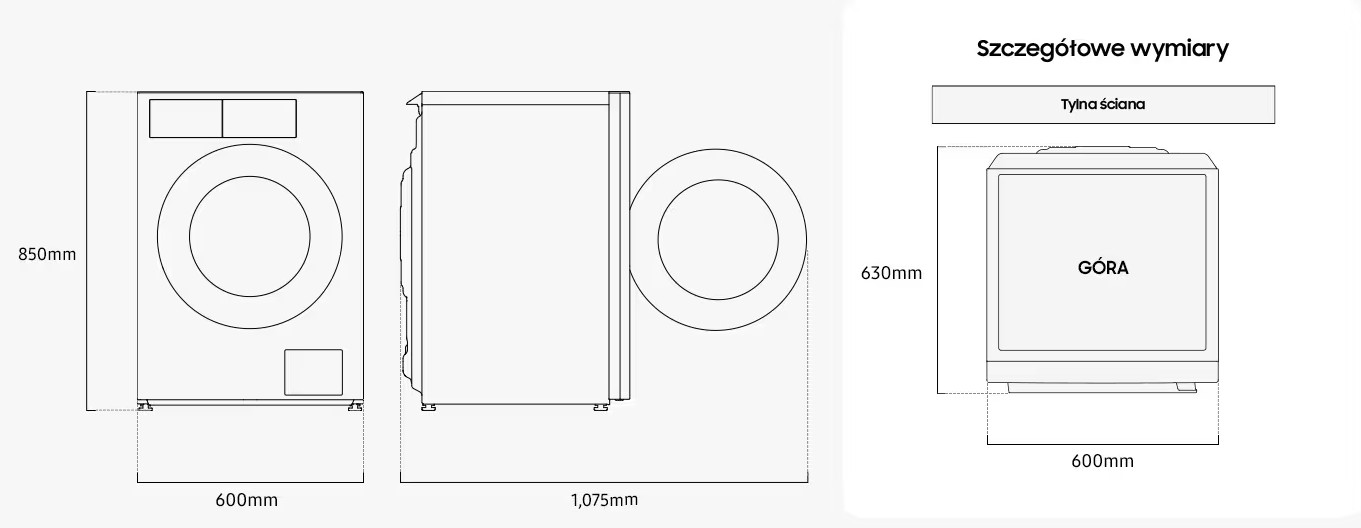 Rysunek techniczny przedstawiający wymiary pralki z przodu, z boku i z góry o wysokości 850 mm i szerokości 600 mm.