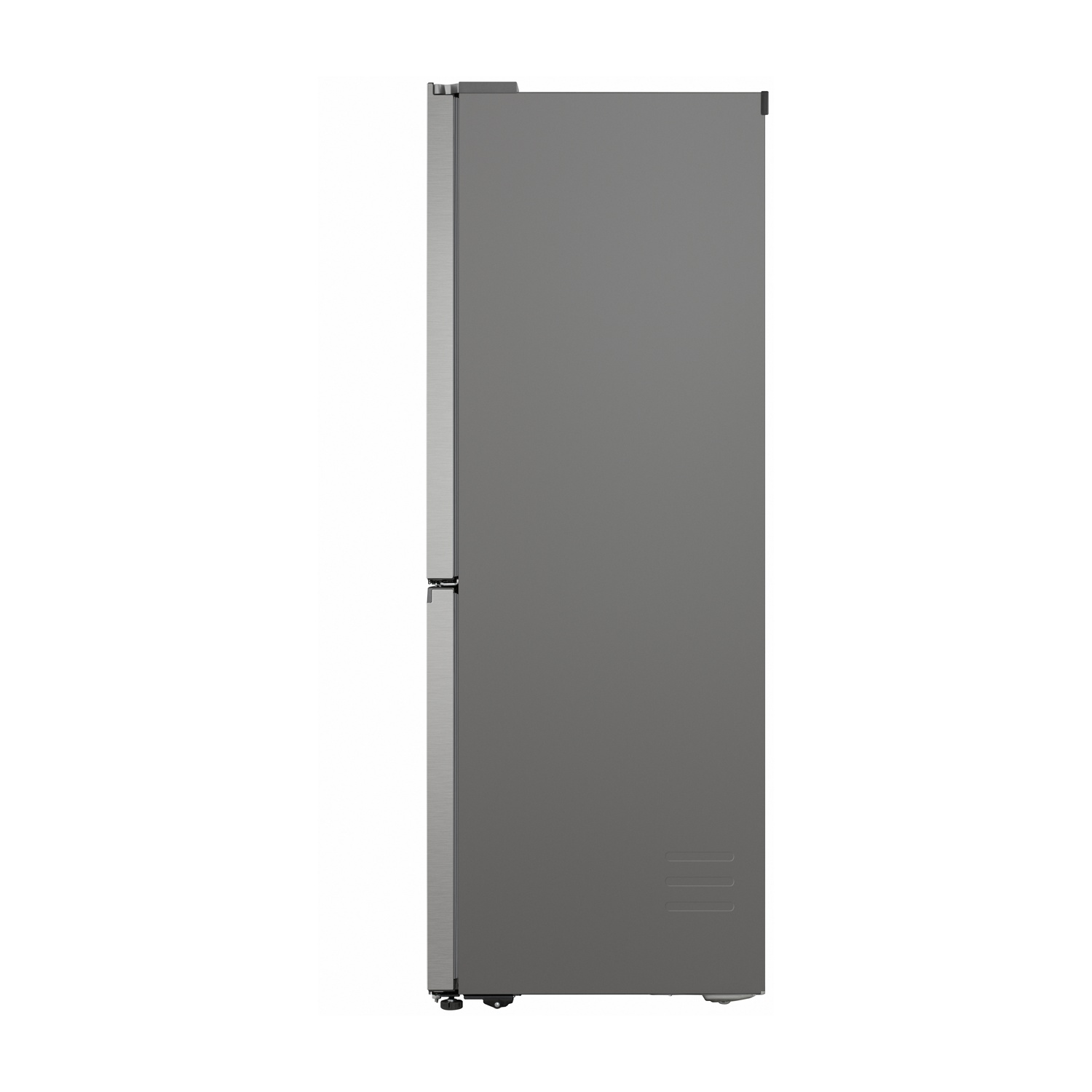 Un moderno frigorifero grigio visto di lato su sfondo bianco.