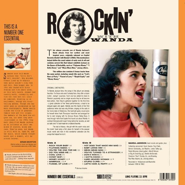 Rückseite des Albums Rockin' with Wanda von Wanda Jackson mit Text, Titelliste und Fotos.