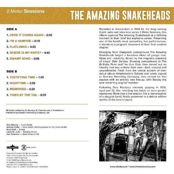Rückseite des Albums "The Amazing Snakeheads - 2 Meter Sessions" mit Tracklist, Text und Bandfoto.