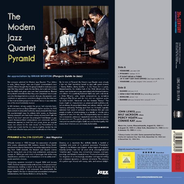 Albumcover von The Modern Jazz Quartet, Pyramid, mit Musikern oben und Textspalten.