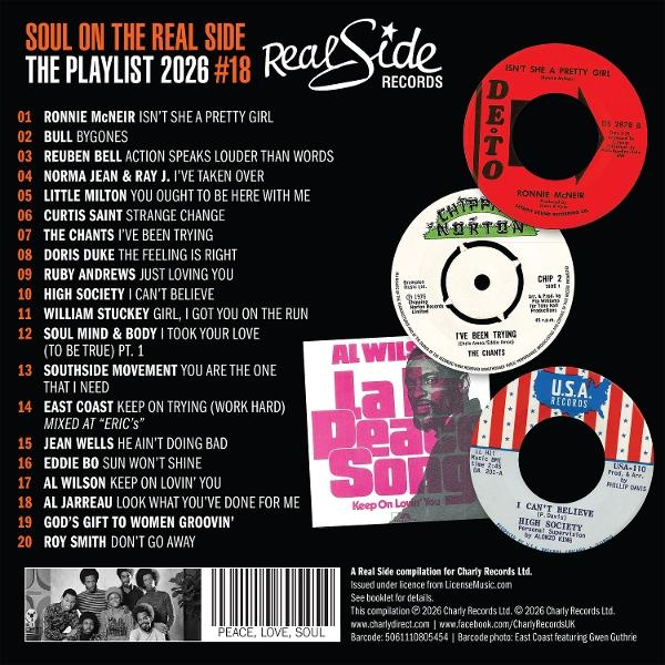 Rückseite eines Soul-Musik-Albums mit Titelliste, Barcode und drei Schallplatten-Labels.