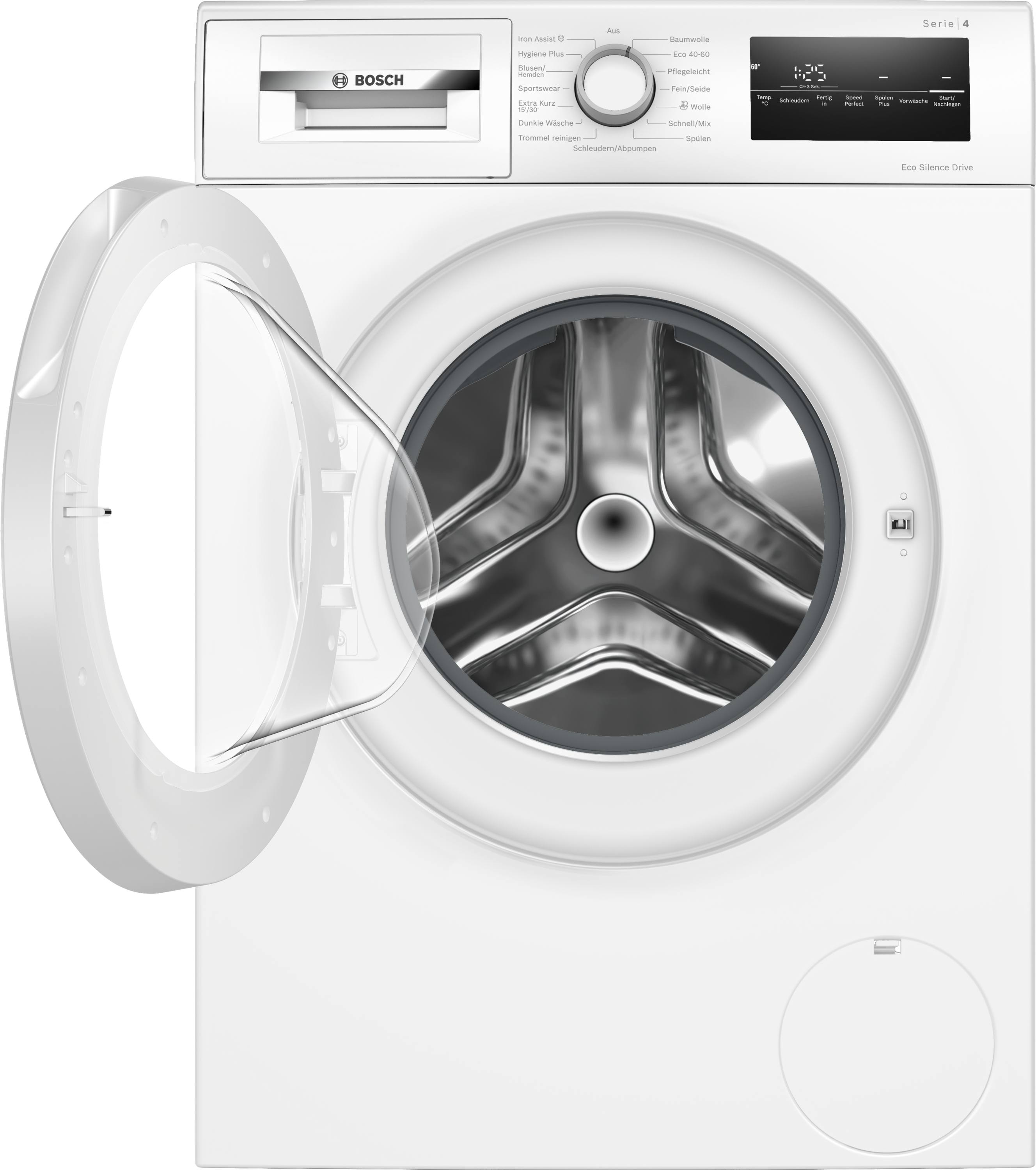 Eine weiße Bosch-Waschmaschine mit offener Tür, digitalem Display und Drehregler.