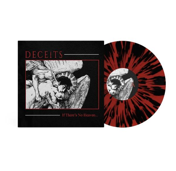 Vinyl-Schallplatte mit rot-schwarzem Spritzmuster und Cover mit Engelsillustration und Text Deceits If There's No Heaven.