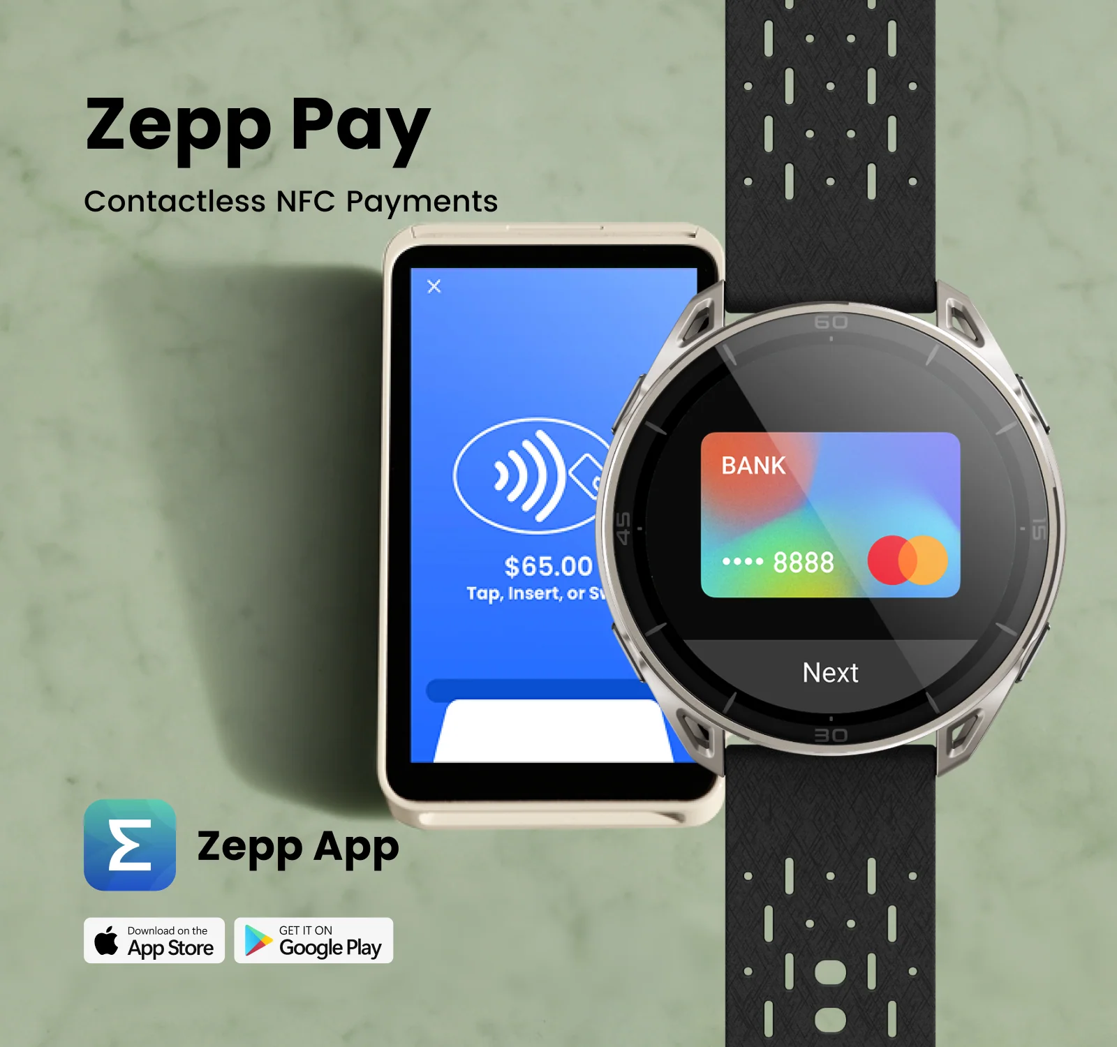 Smartwatch mit Zepp Pay zur kontaktlosen Bezahlung über die Zepp App.