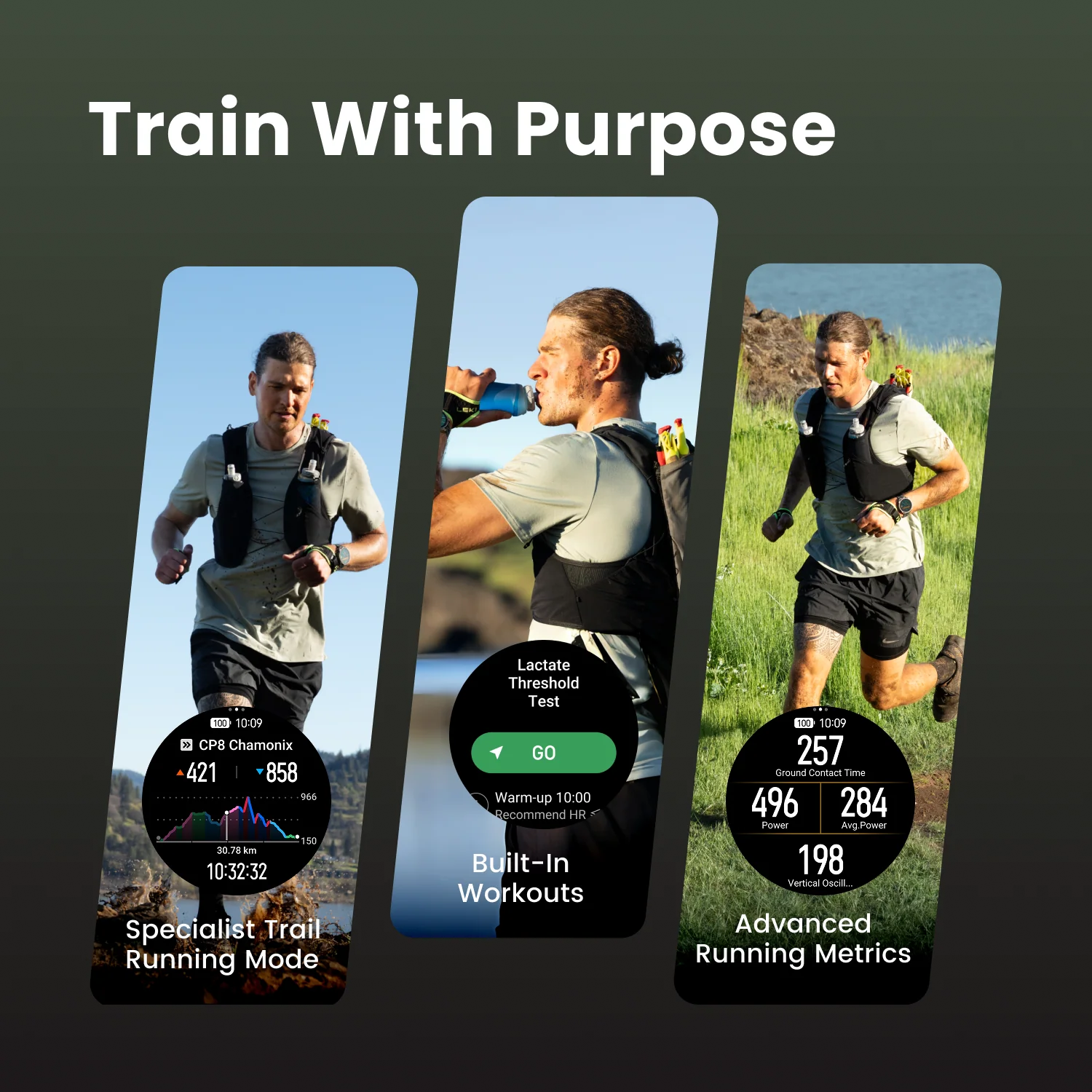 Drei Panels zeigen einen Trailrunner in Aktion mit integrierten Smartwatch-Metriken für das Lauftraining.