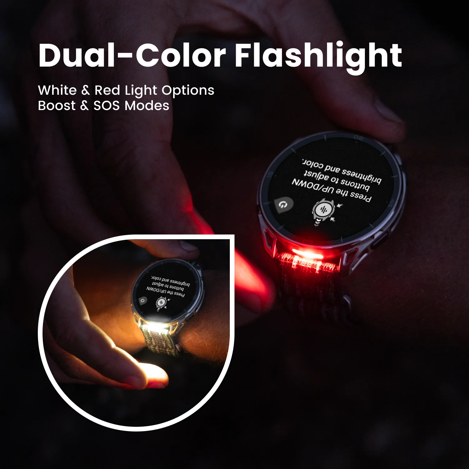 Smartwatch mit zweifarbiger Taschenlampe mit weißen und roten Lichtoptionen und Textüberlagerungen.