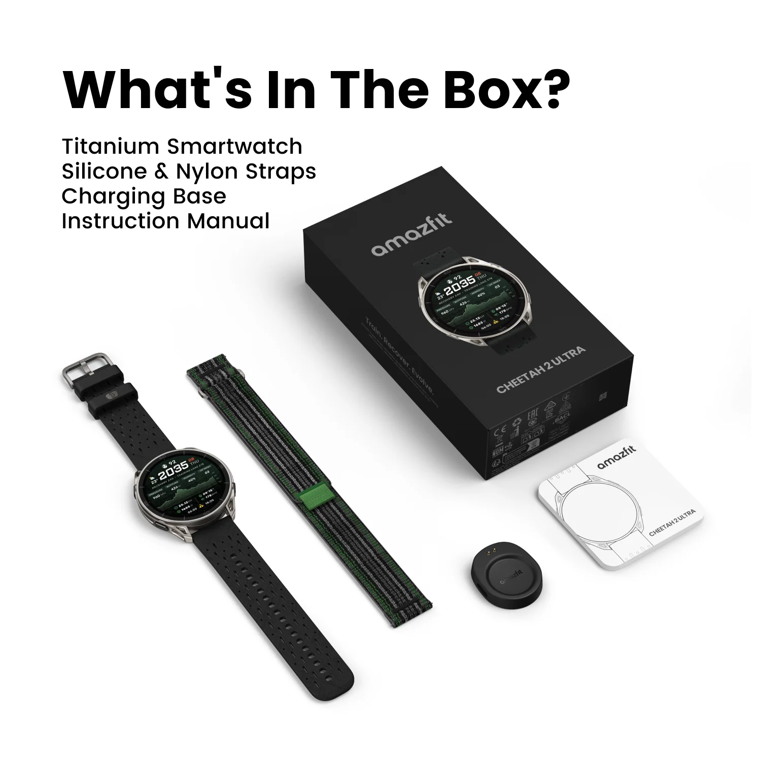 Amazfit Cheetah 2 Ultra Smartwatch mit Box, Zusatzarmband, Ladestation und Handbuch auf weißem Hintergrund.