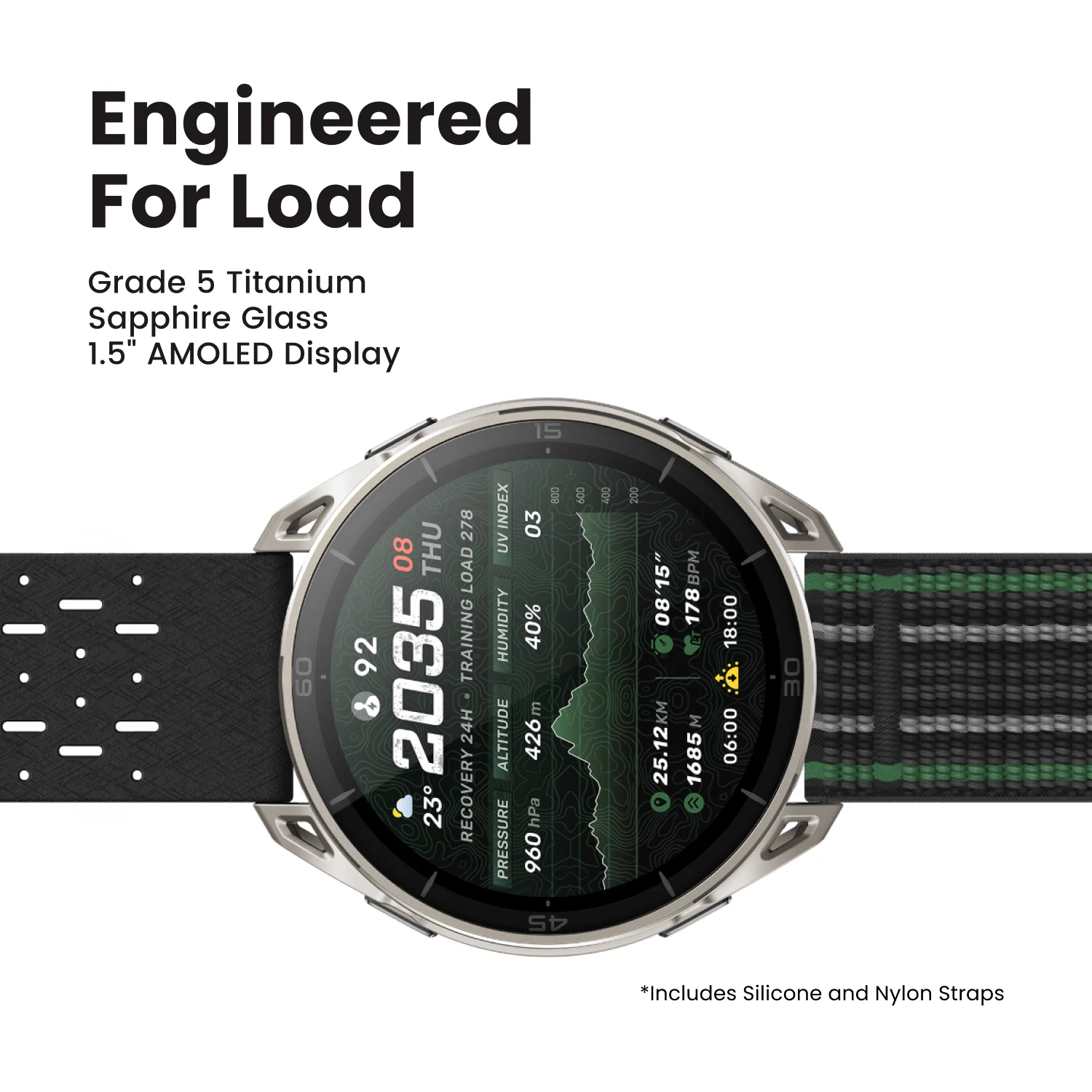 Titanium smartwatch mit AMOLED display, topographischem Zifferblatt und wechselbaren Silikon- und Nylonbändern.