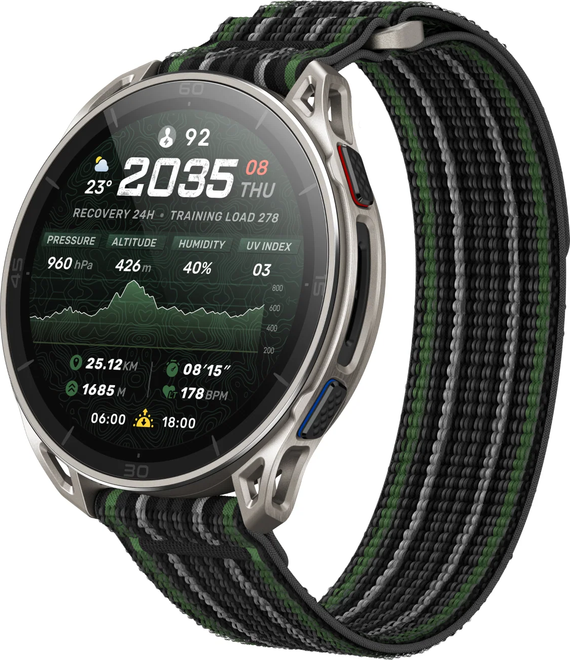 Robuste Sport-Smartwatch mit silbernem Gehäuse, grün-schwarz gestreiftem Stoffarmband und Display mit Aktivitätsdaten.