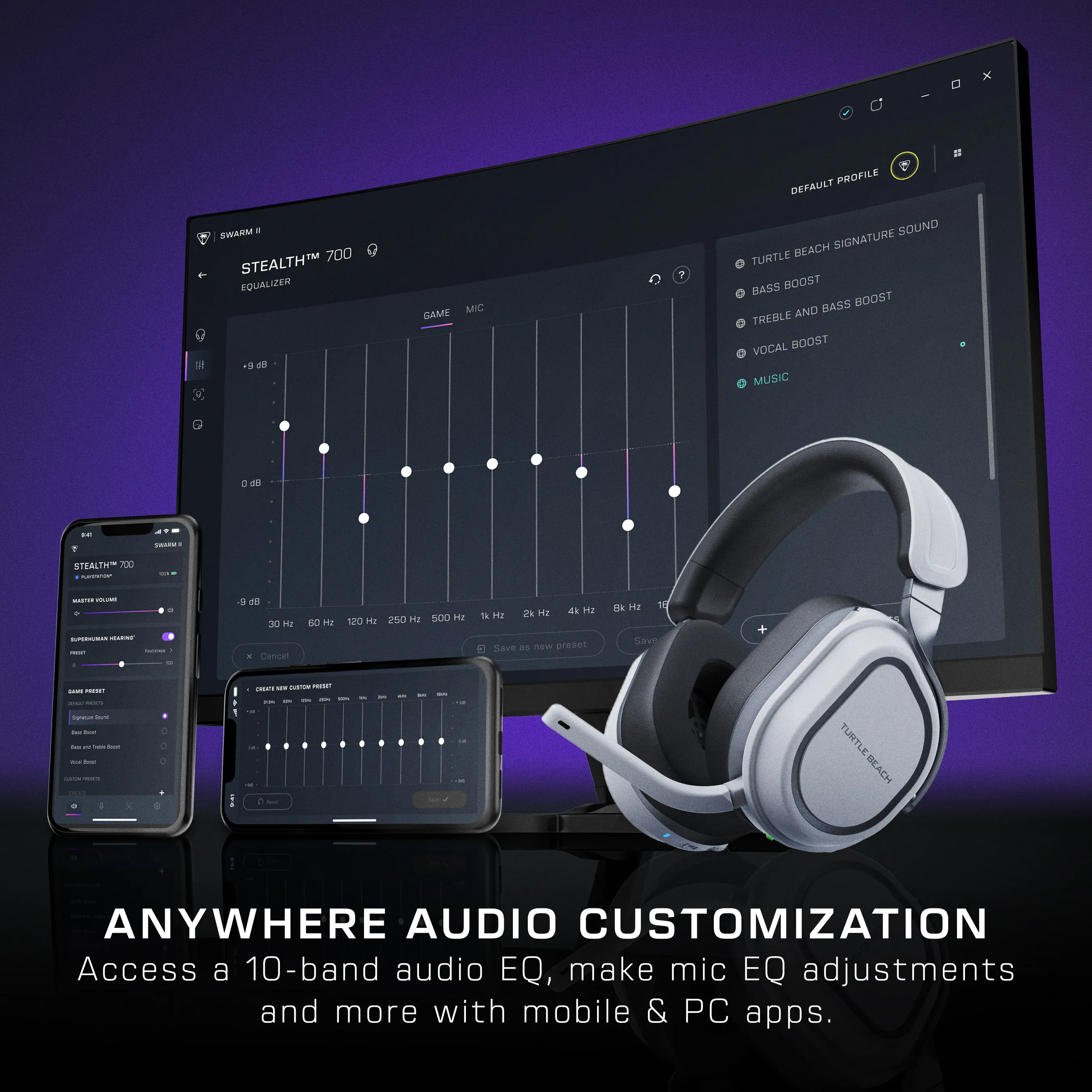 Casque Turtle Beach avec écran PC et application mobile pour les réglages audio.