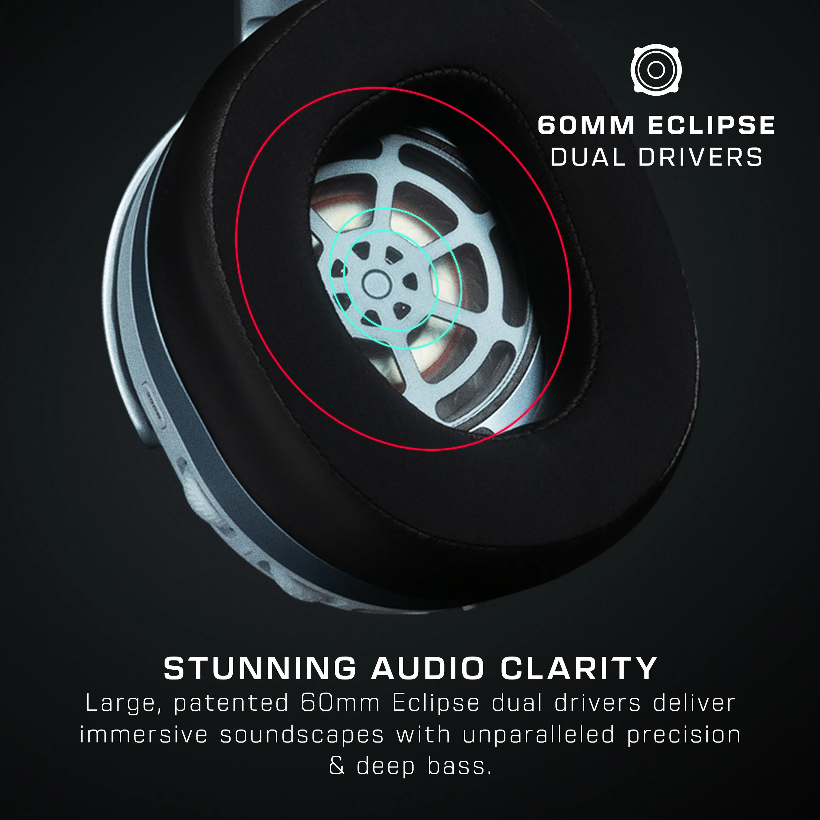Gros plan d'un écouteur de casque mettant en valeur les doubles transducteurs Eclipse de 60 mm.