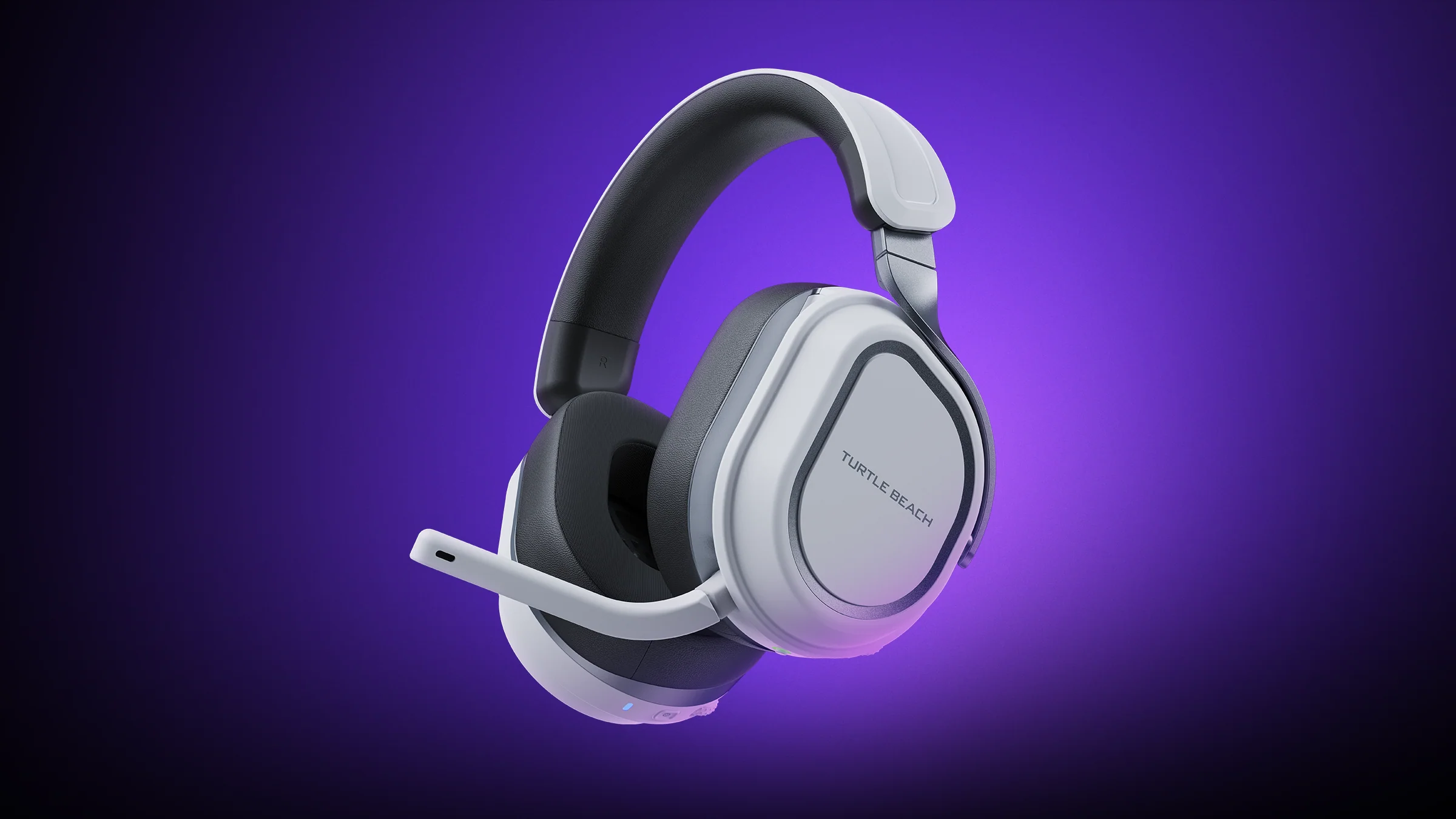 Casque de jeu blanc Turtle Beach avec microphone sur fond violet.