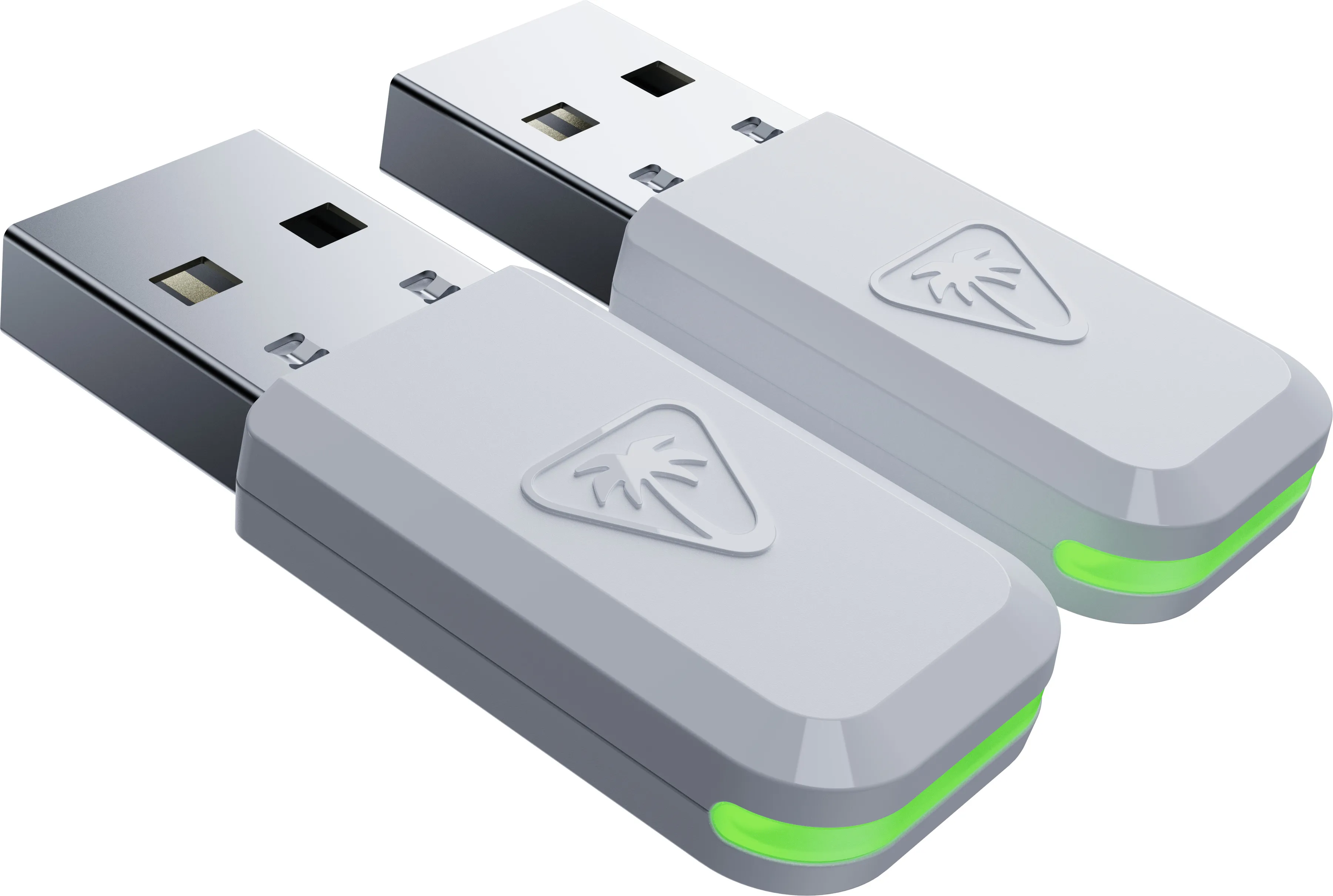 Deux clés USB grises avec un logo de palmier et des extrémités vertes lumineuses sur fond blanc.
