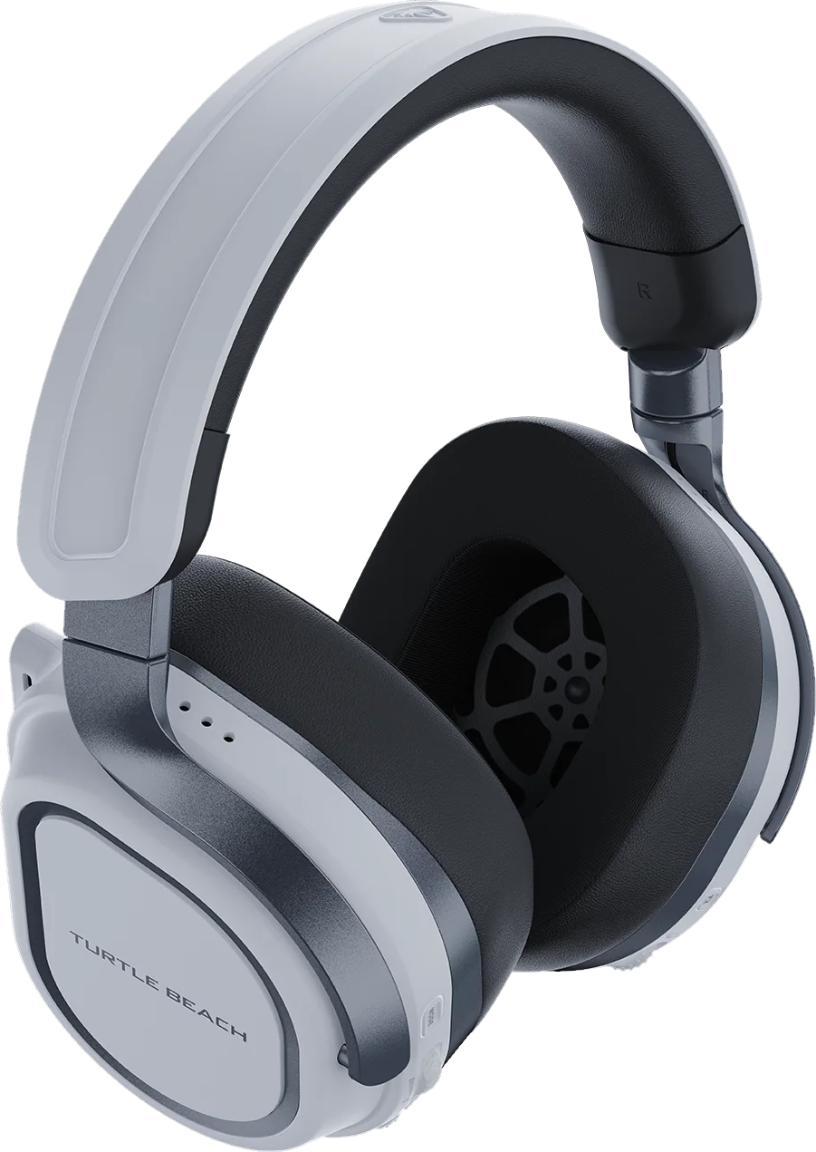 Casque supra-auriculaire Turtle Beach gris et blanc avec coussinets noirs sur fond noir.