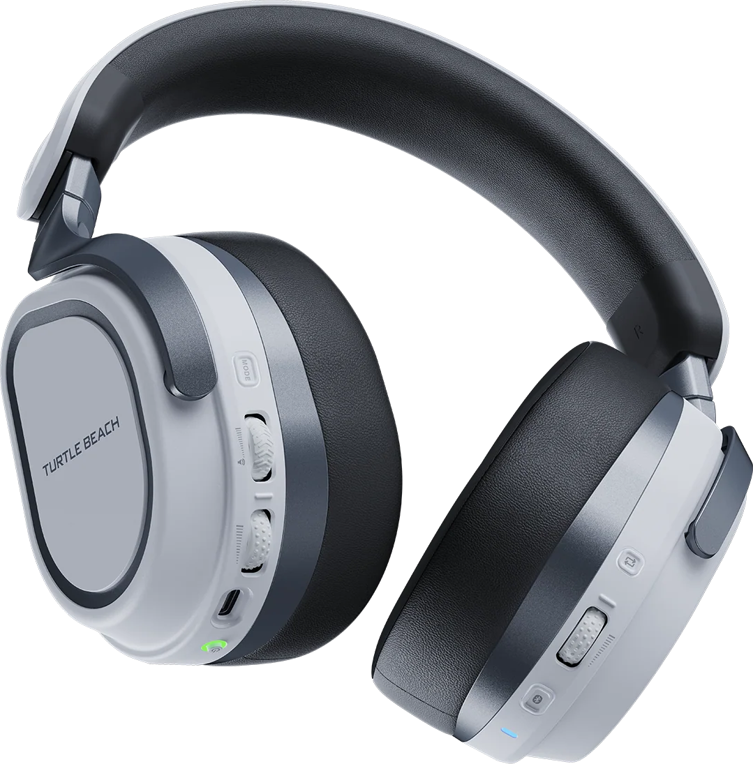 Casque supra-auriculaire Turtle Beach blanc et gris avec commandes sur les oreillettes, sur fond noir.