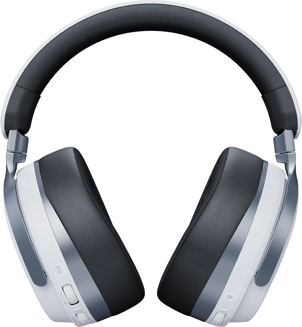 Casque sans fil circum-auriculaire noir et blanc sur fond noir.