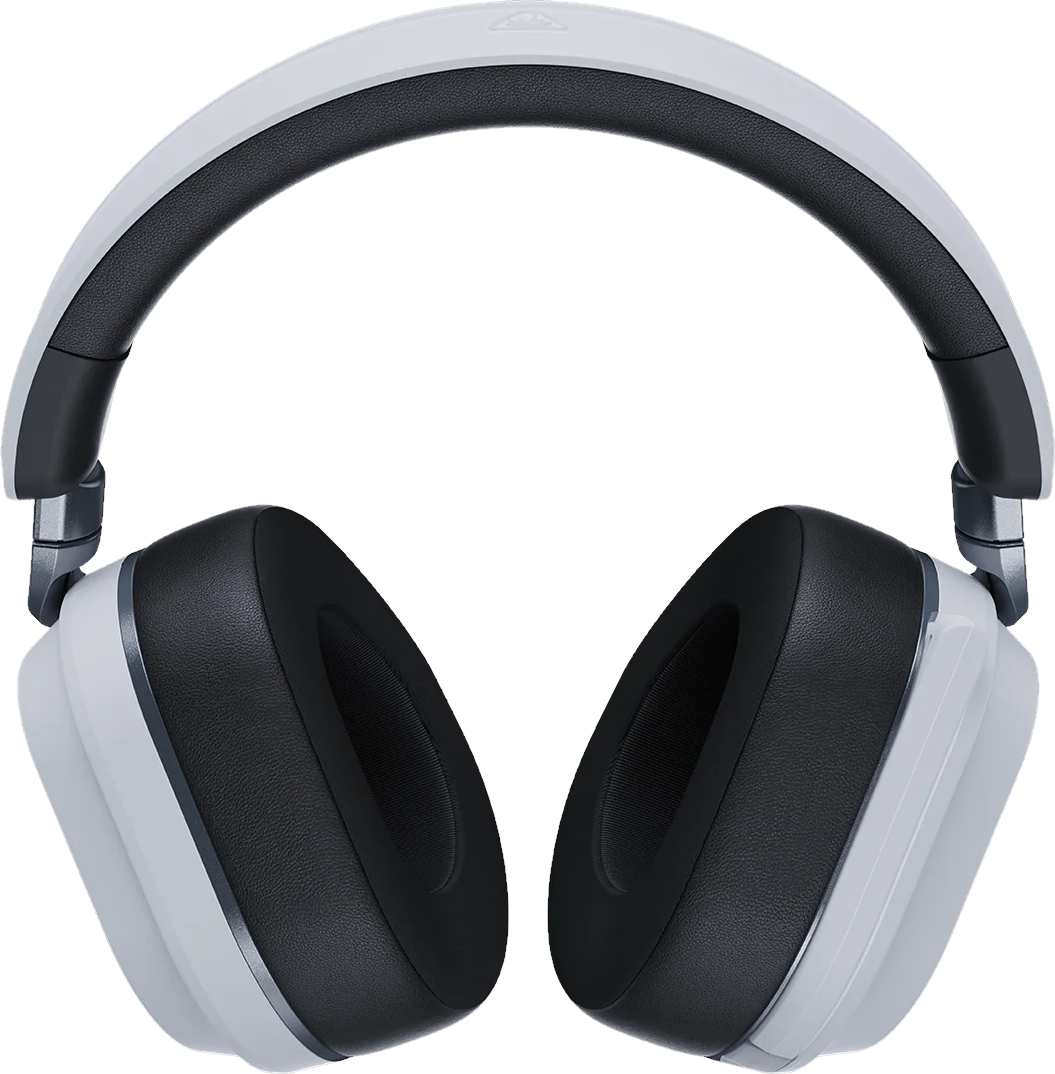 Casque supra-auriculaire blanc et noir sur fond noir.