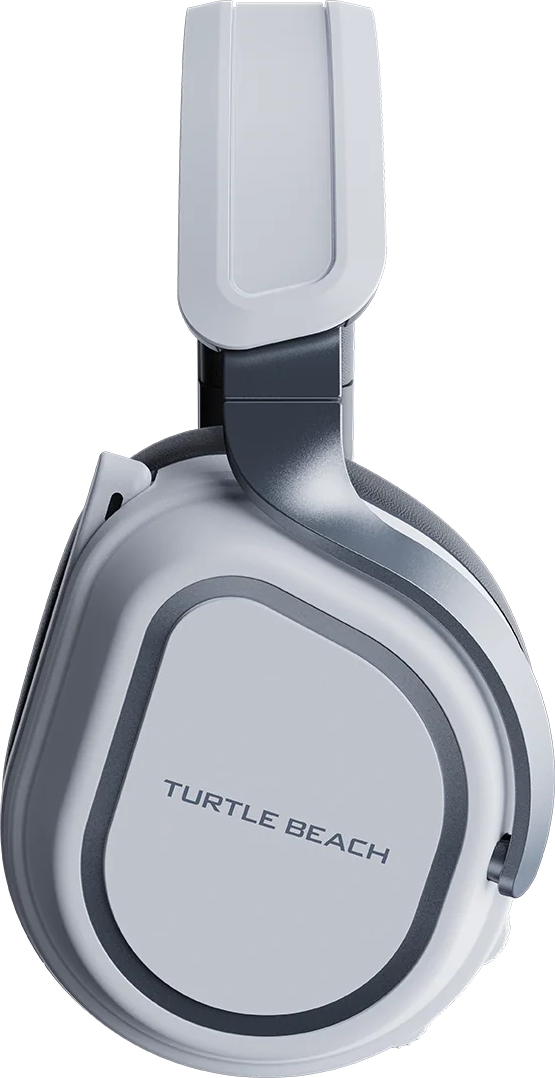 Casque supra-auriculaire Turtle Beach blanc avec logo gris sur fond noir.