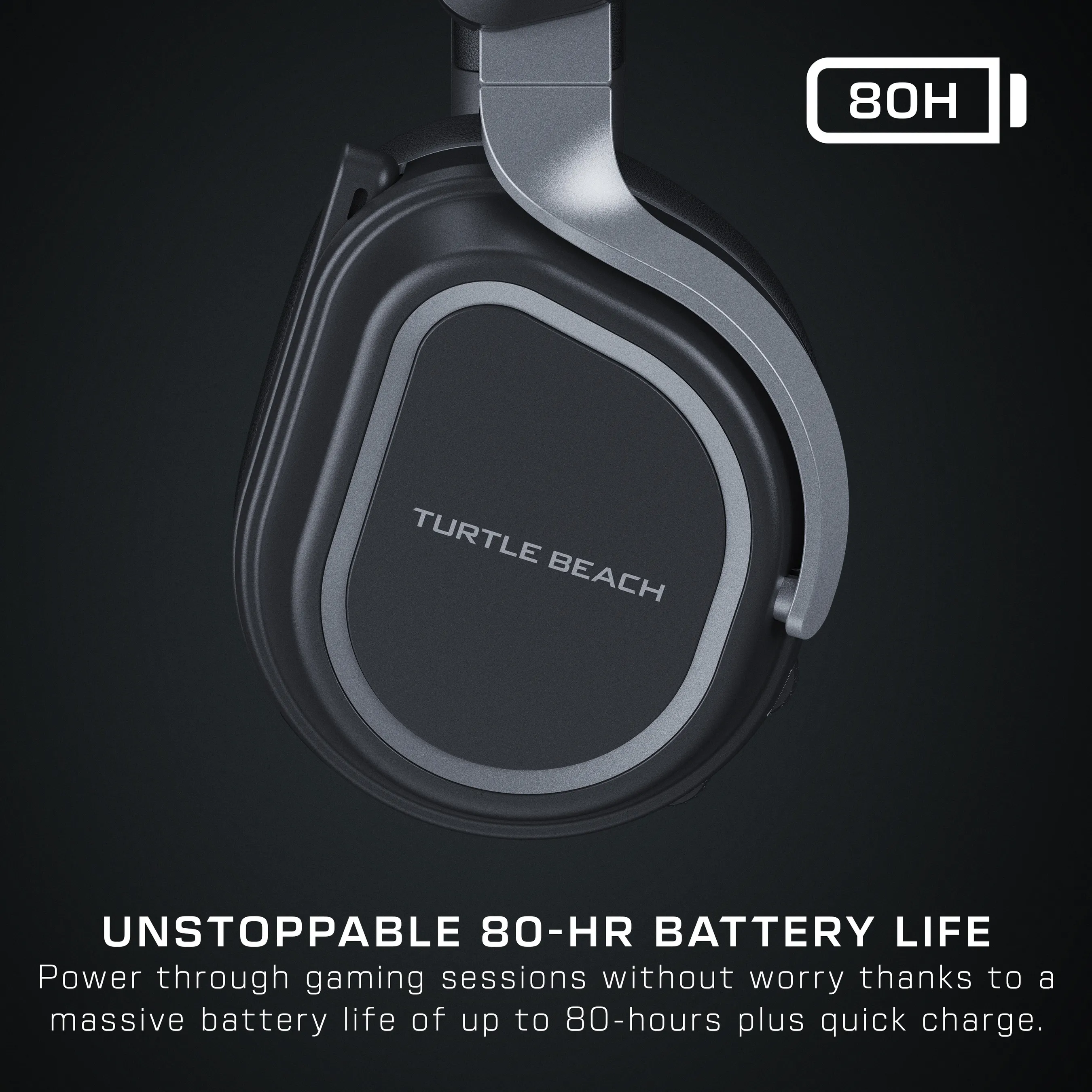 Écouteur gris Turtle Beach avec texte 80H en haut à droite et texte promotionnel en bas.