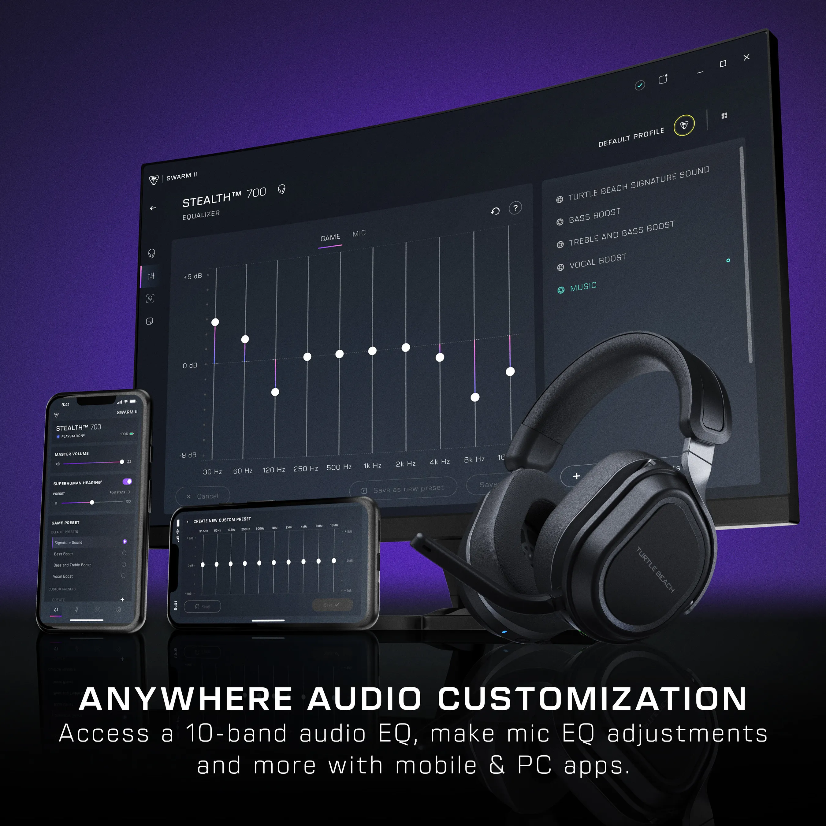 Casque Turtle Beach Stealth 700 avec logiciel d'égalisation sur PC et smartphones.