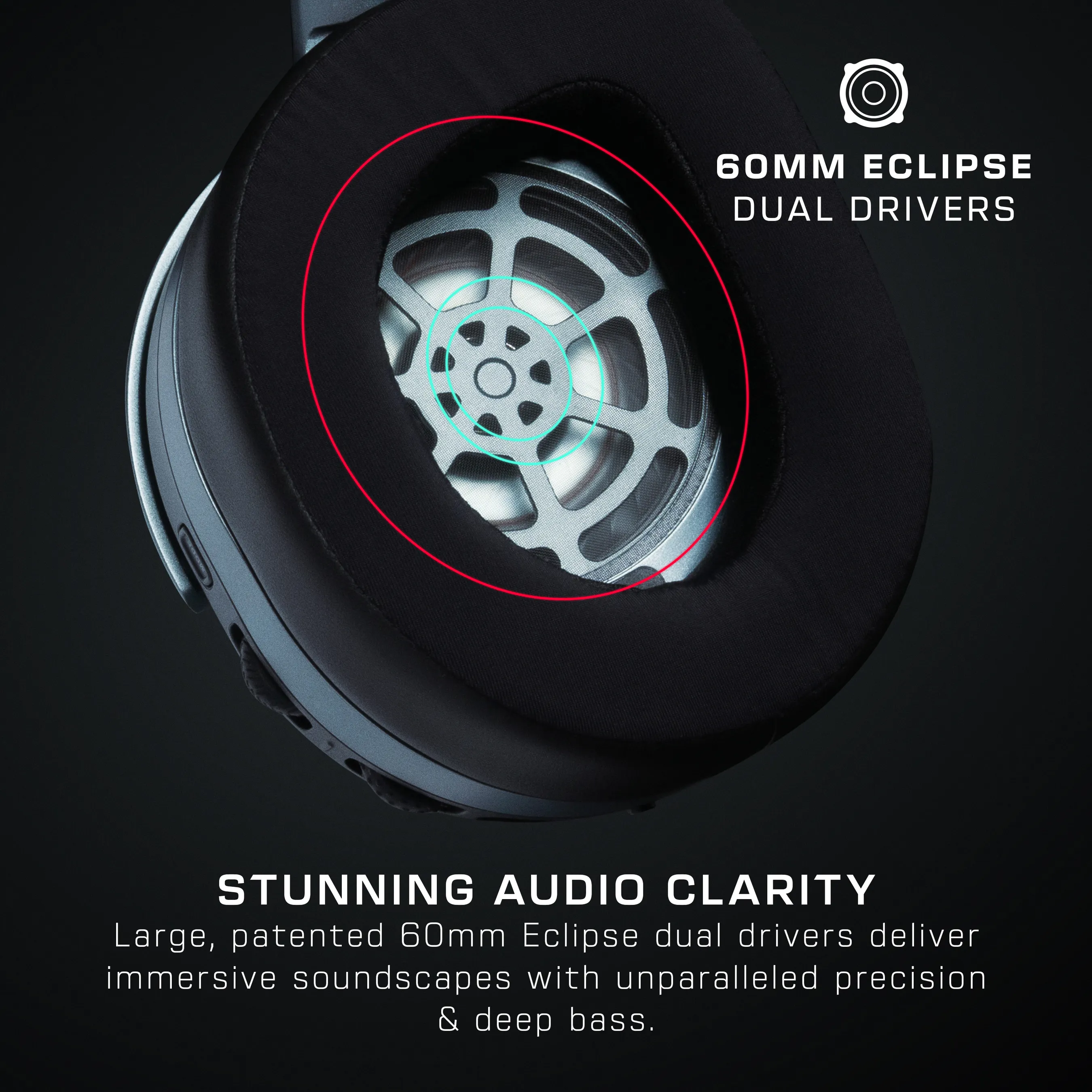 Gros plan d'un haut-parleur de casque avec du texte sur les doubles transducteurs Eclipse de 60 mm sur fond noir.
