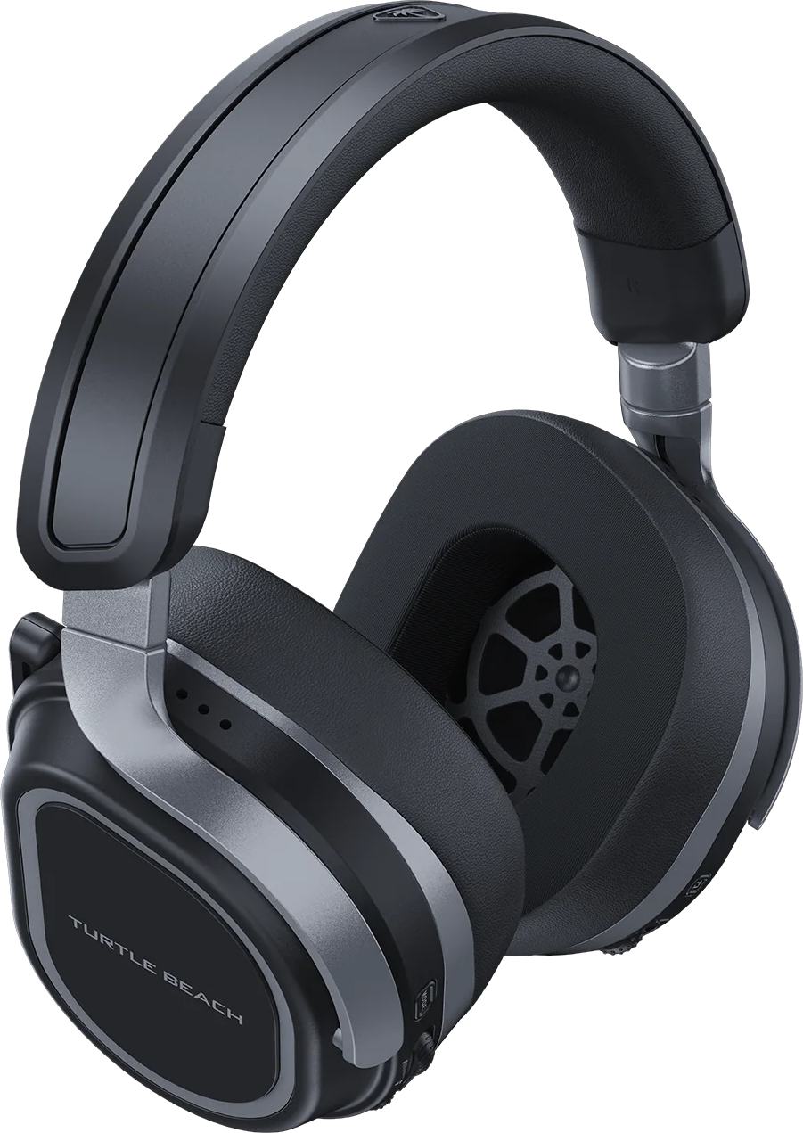 Casque audio Turtle Beach noir avec arceau rembourré et accents argentés sur fond noir.